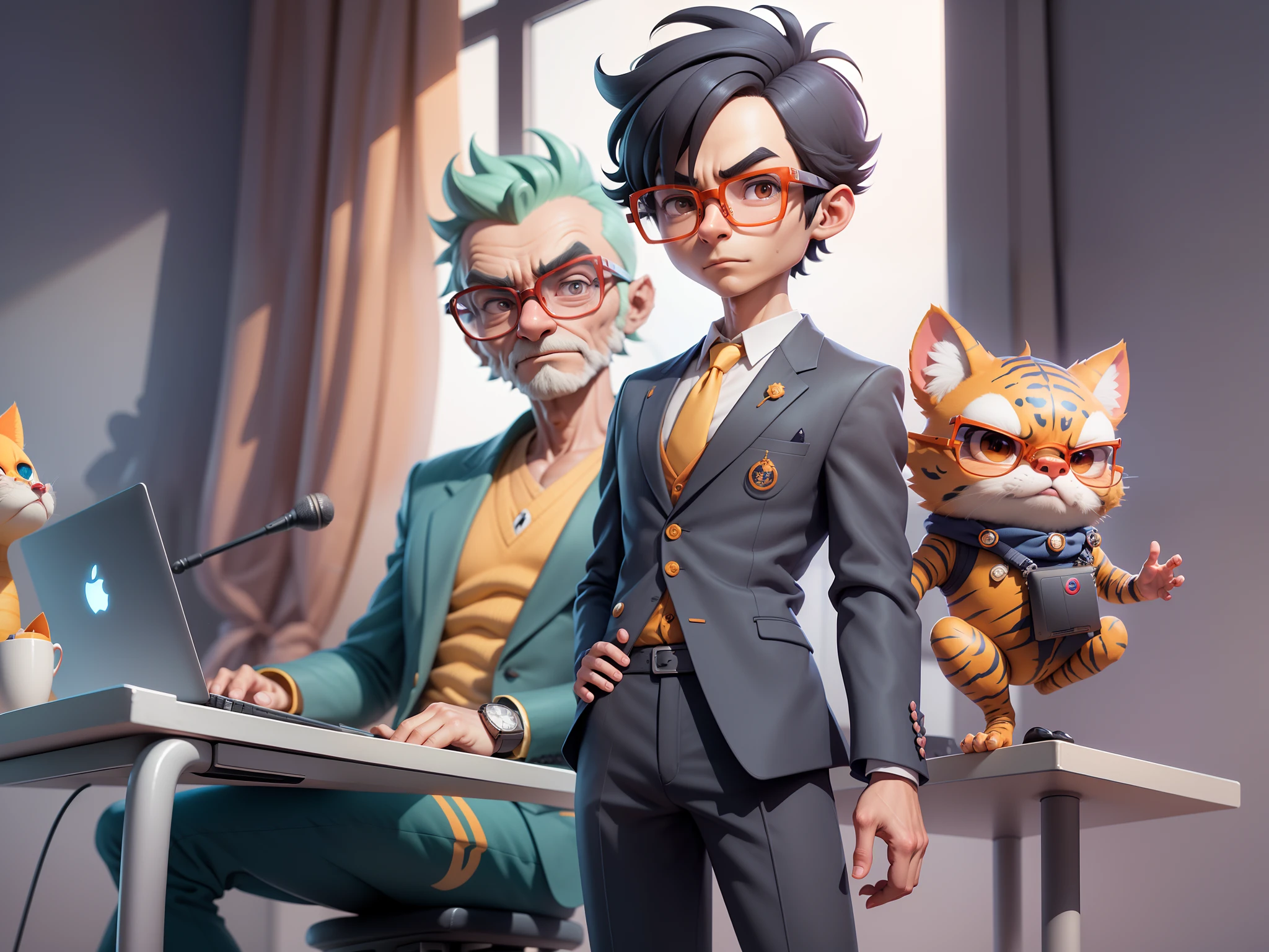 A young man in a suit, Short hair and glasses sat at his desk,holding laptop,digitial painting,tigre,3D character design by Mark Clairen and Pixar and Hayao Miyazaki and Akira Toriyama,4K HD illustration,Very detailed facial features and cartoon-style visuals。