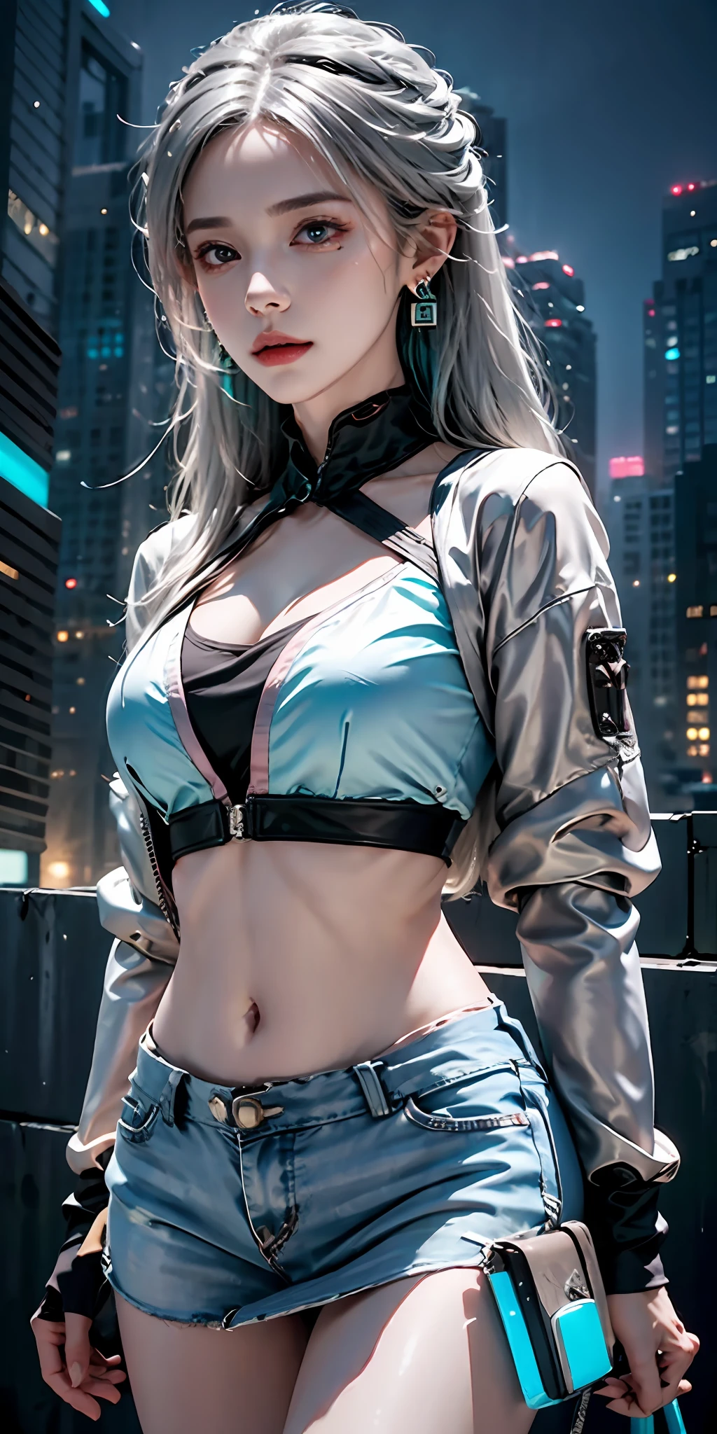 (masutepiece, Best Quality, Night:1.4), (Cowboy Shot, Silver hair:1.9), 8K, absurderes, Beautiful Girl, (wearable computer:1.4), Cyberpunk, Cybergoth, (cyberpunkoutfit, fluorescence pink accent, glowing pink lines on short jacket:1.5), neons, bracelets and choker, (blazing, Glow, Film grain, chromatic abberation:2), (asian shopping district, Street, Buildings, Skyscraper:1.2), makeup, (cyan earrings:1.3), Sharp Focus, Dark background, Perspective, depth of fields, (very small mechanical device, Rain, nffsw, face lights, Sharp Focus, Dynamic lighting, Cinematic lighting, Professional Shadow, ighly detailed, finely detail, Real Skin:0.8), (Detailed eyes, Sharp pupils, Realistic pupils, dark backgrounds:0.6), (glitch effect:0.8)、a miniskirt、huge tit