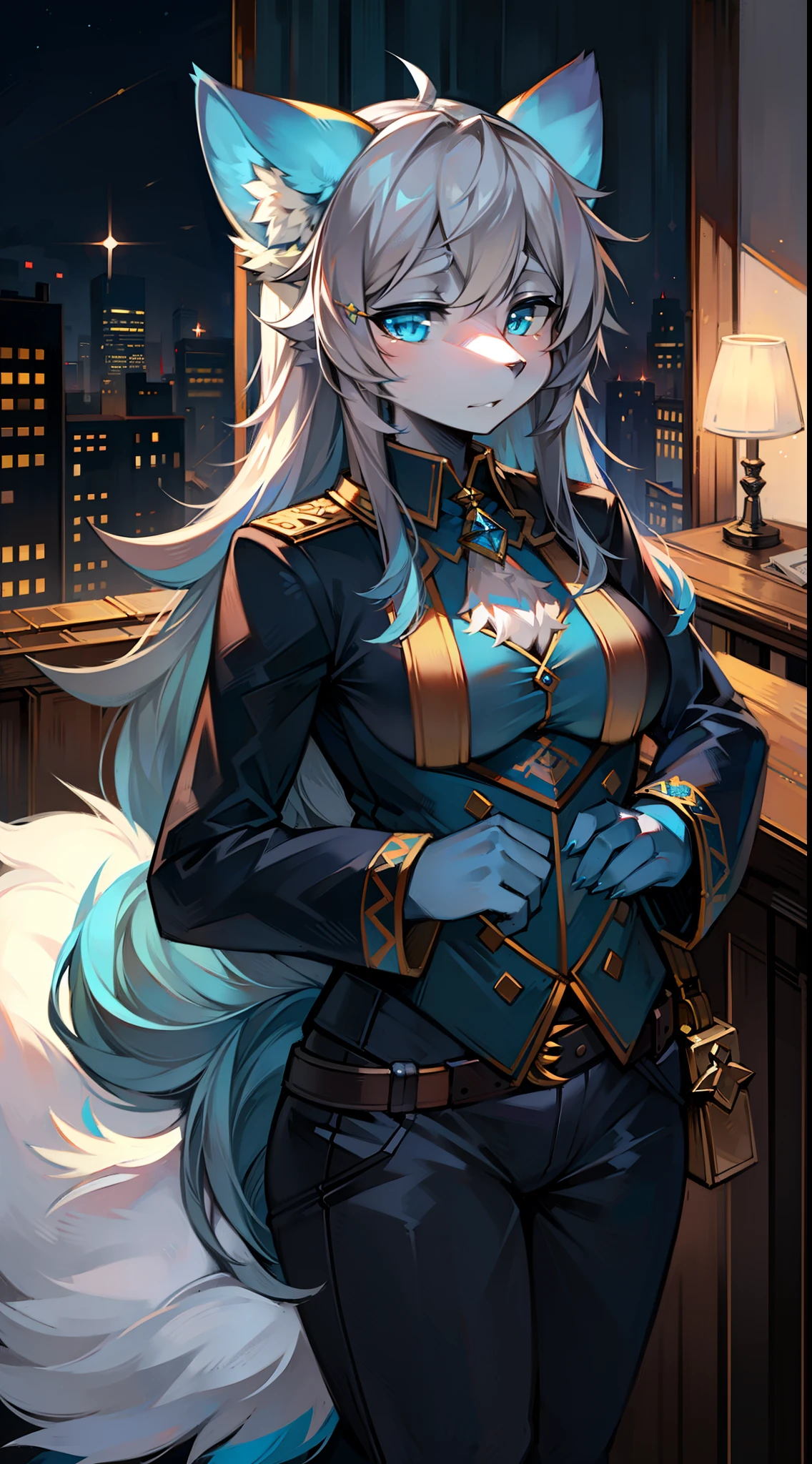 Big-tailed wolf,grey long hair,blue color eyes,The captain dressed up,Female