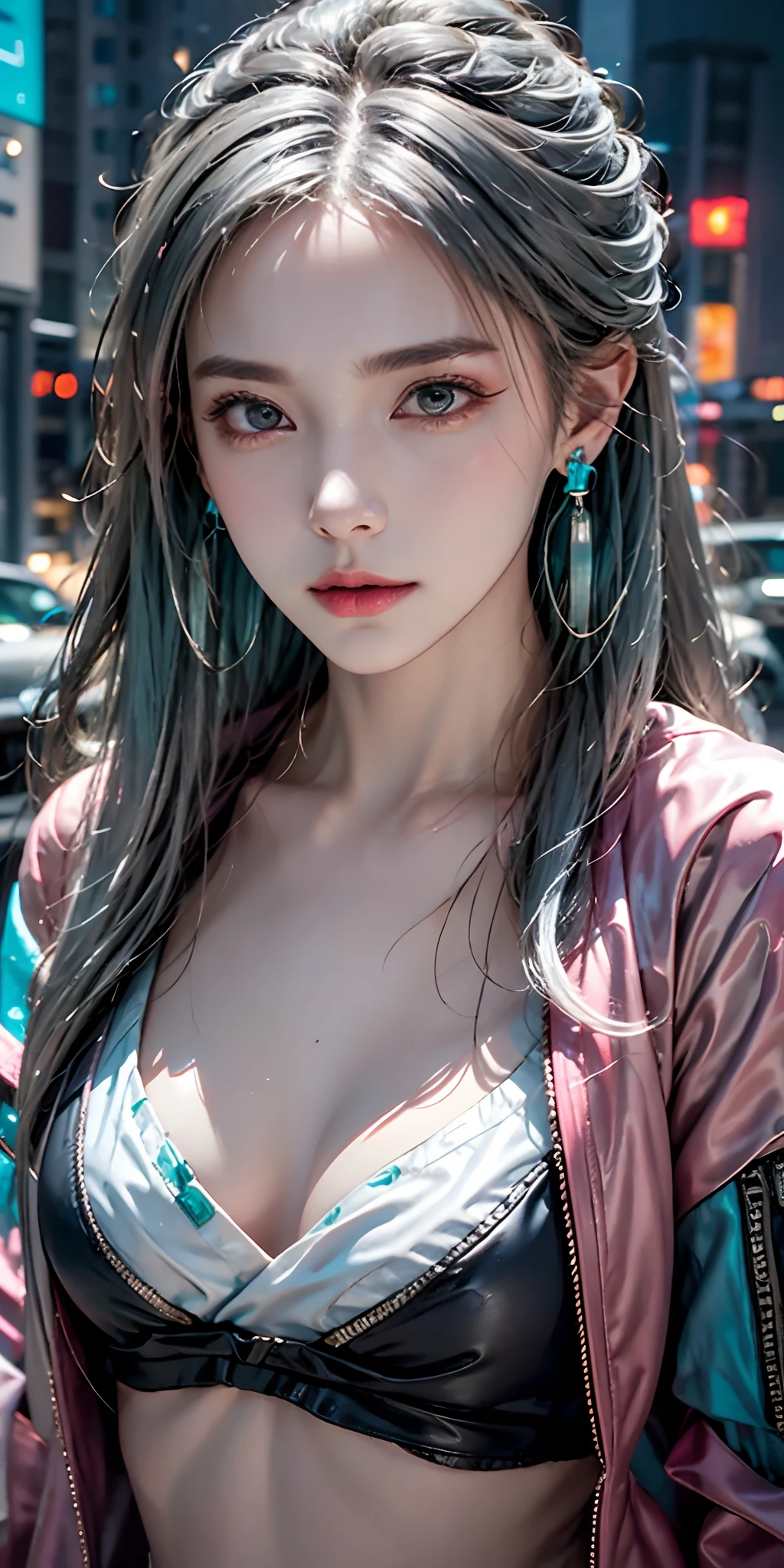 (masutepiece, Best Quality, Night:1.4), (Cowboy Shot, Silver hair:1.9), 8K, absurderes, Beautiful Girl, (wearable computer:1.4), Cyberpunk, Cybergoth, (cyberpunkoutfit, fluorescence pink accent, glowing pink lines on short jacket:1.5), neons, bracelets and choker, (blazing, Glow, Film grain, chromatic abberation:2), (asian shopping district, Street, Buildings, Skyscraper:1.2), makeup, (cyan earrings:1.3), Sharp Focus, Dark background, Perspective, depth of fields, (very small mechanical device, Rain, nffsw, face lights, Sharp Focus, Dynamic lighting, Cinematic lighting, Professional Shadow, ighly detailed, finely detail, Real Skin:0.8), (Detailed eyes, Sharp pupils, Realistic pupils, dark backgrounds:0.6), (glitch effect:0.8)、a miniskirt、huge tit