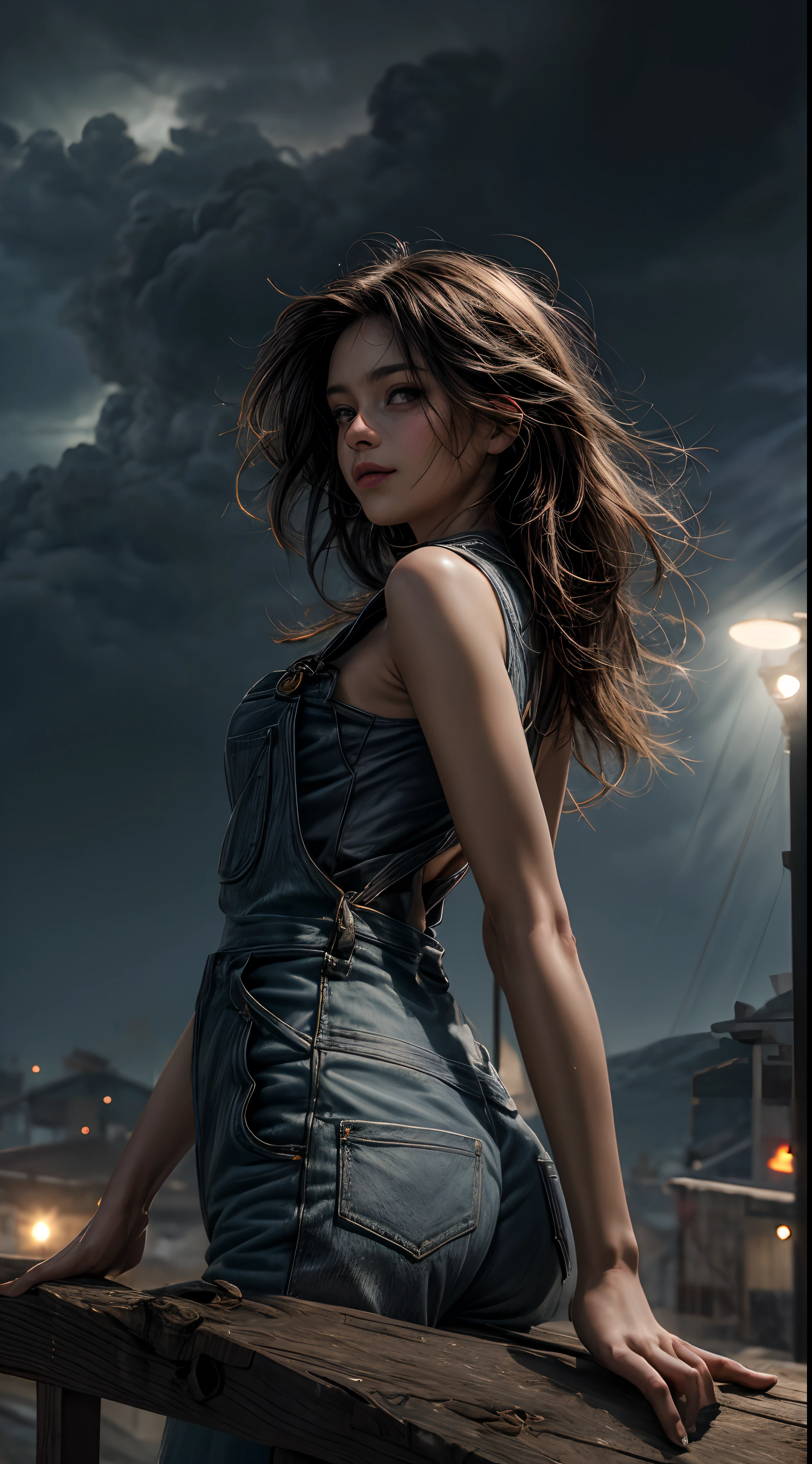 Garota 18 anos na chuva , expression of happiness, euphoria, corpo molhado, cabelo molhado prateado,Beautiful cybernetics looking at the camera , Overalls dress,Obra-prima realista, Pose ativa, action pose, luz LED | |, Gold Parts, franja, cabelo curto molhada, vista traseira, Costas, in a storm overcast sky with lightning and lightning, rear camera angle