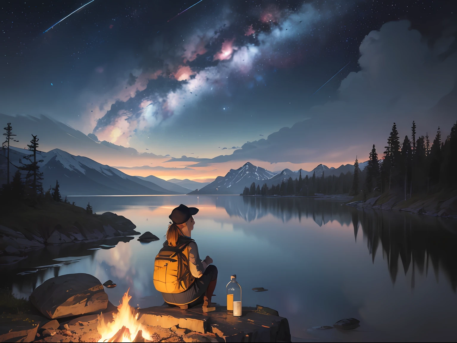 masterpiece, best quality, ultra-detailed, illustration, 1girl, solo, outdoors, camping, night, mountains, nature, stars, moon, bonfire, tent, twin ponytails, green eyes, cheerful, happy, backpack, sleeping bag, camping stove, water bottle, mountain boots, gloves, sweater, hat, flashlight, forest, rocks, river, wood, smoke, shadows, contrast, clear sky, constellations, Milky Way, peaceful, serene, quiet, tranquil, remote, secluded, adventurous, exploration, escape, independence, survival, resourcefulness, challenge, perseverance, stamina, endurance, observation, intuition, adaptability, creativity, imagination, artistry, inspiration, beauty, awe, wonder, gratitude, appreciation, relaxation, enjoyment, rejuvenation, mindfulness, awareness, connection, harmony, balance, texture, detail, realism, depth, perspective, composition, color, light, shadow, reflection, refraction, tone, contrast, foreground, middle ground, background, naturalistic, figurative, representational, impressionistic, expressionistic, abstract, innovative, experimental, unique