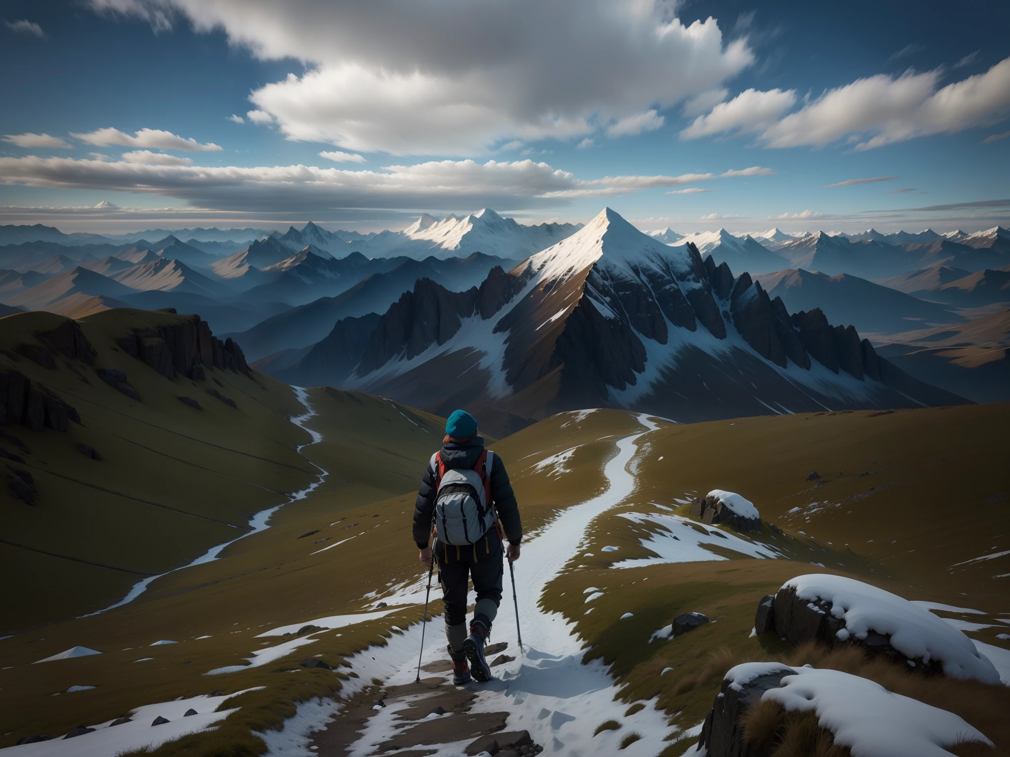 snow mountains，sunraise，Climber character dots