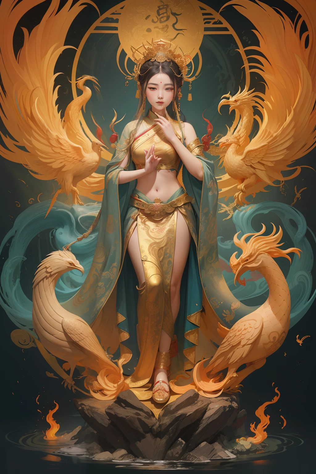 an ancient Chinese goddess, guanyin of the southern seas, Guanyin, Inspired by China, Avalokiteshvara rides a phoenix,,Serene expression,shui mo hua,Buddha,Buddhist,Lotus,Chinese painting style,Thangka style