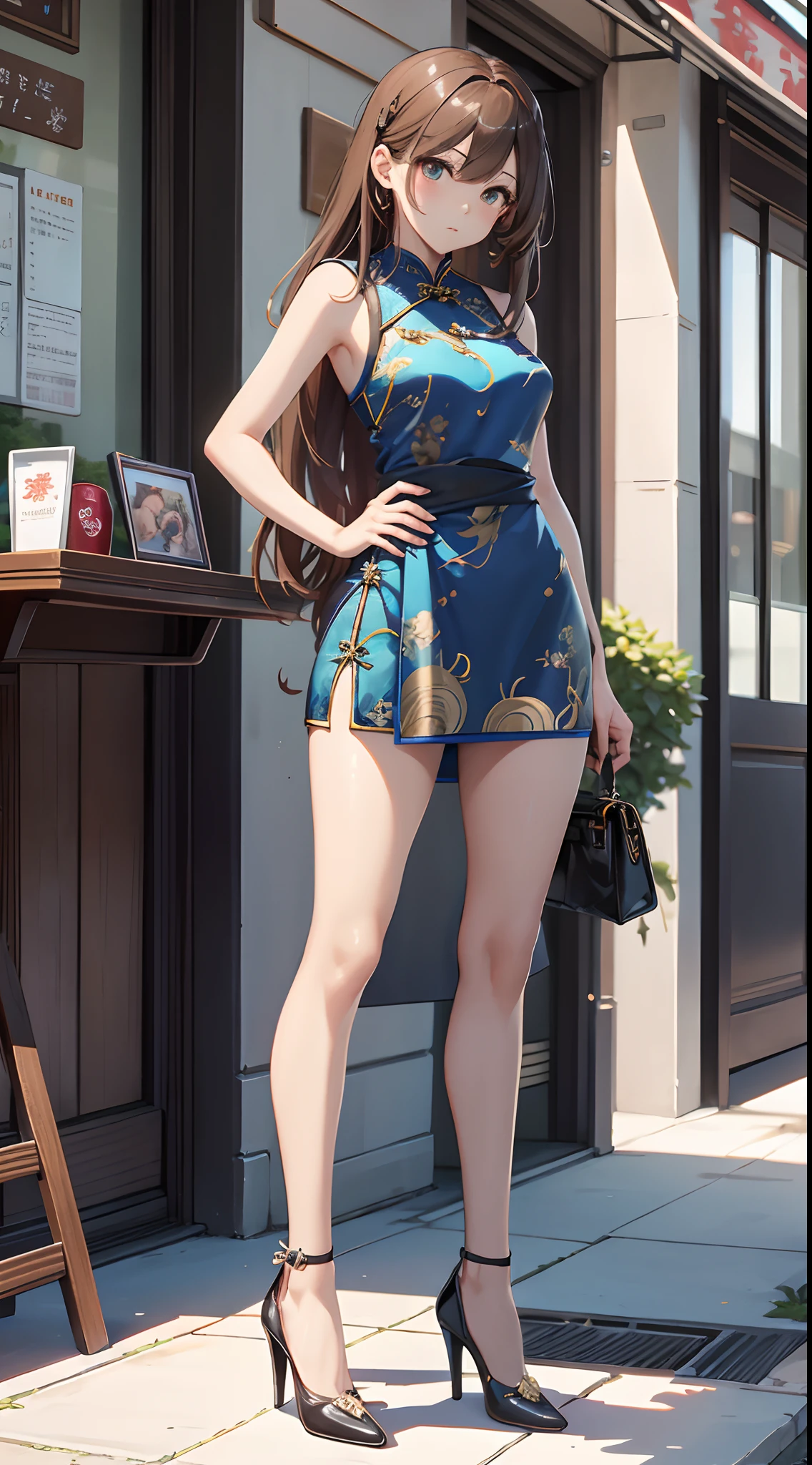 best qualtiy,tmasterpiece,Ultimate Resolution,Brown-haired semi-long、downy,highly colorful,Cheongsam beauty,A MILF,((Sleeveless Blue Micro Mini Cheongsam、Slit at the waist)),White shorts、Kneeling Pose,(Anime girl standing and waiting)),Collar,anklets,((high-heels)),high-heels,Correct posture、In front of the coffee shop、
