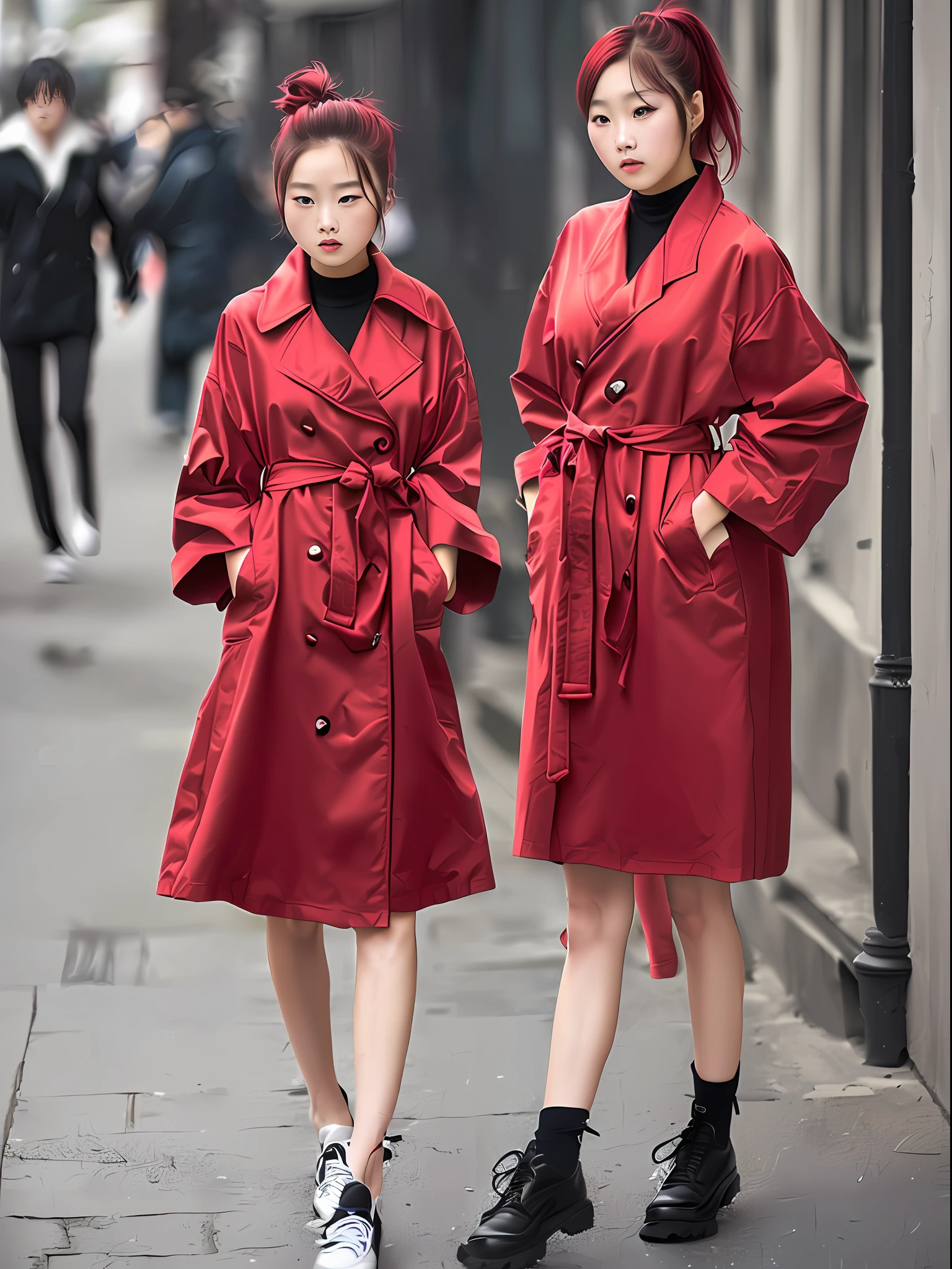 teens girl，whaite hair，Red pick dye，High ponytail，quadratic element，Red vertical pupils，Trench coat robes，tmasterpiece，Cold face，Ultra shorts