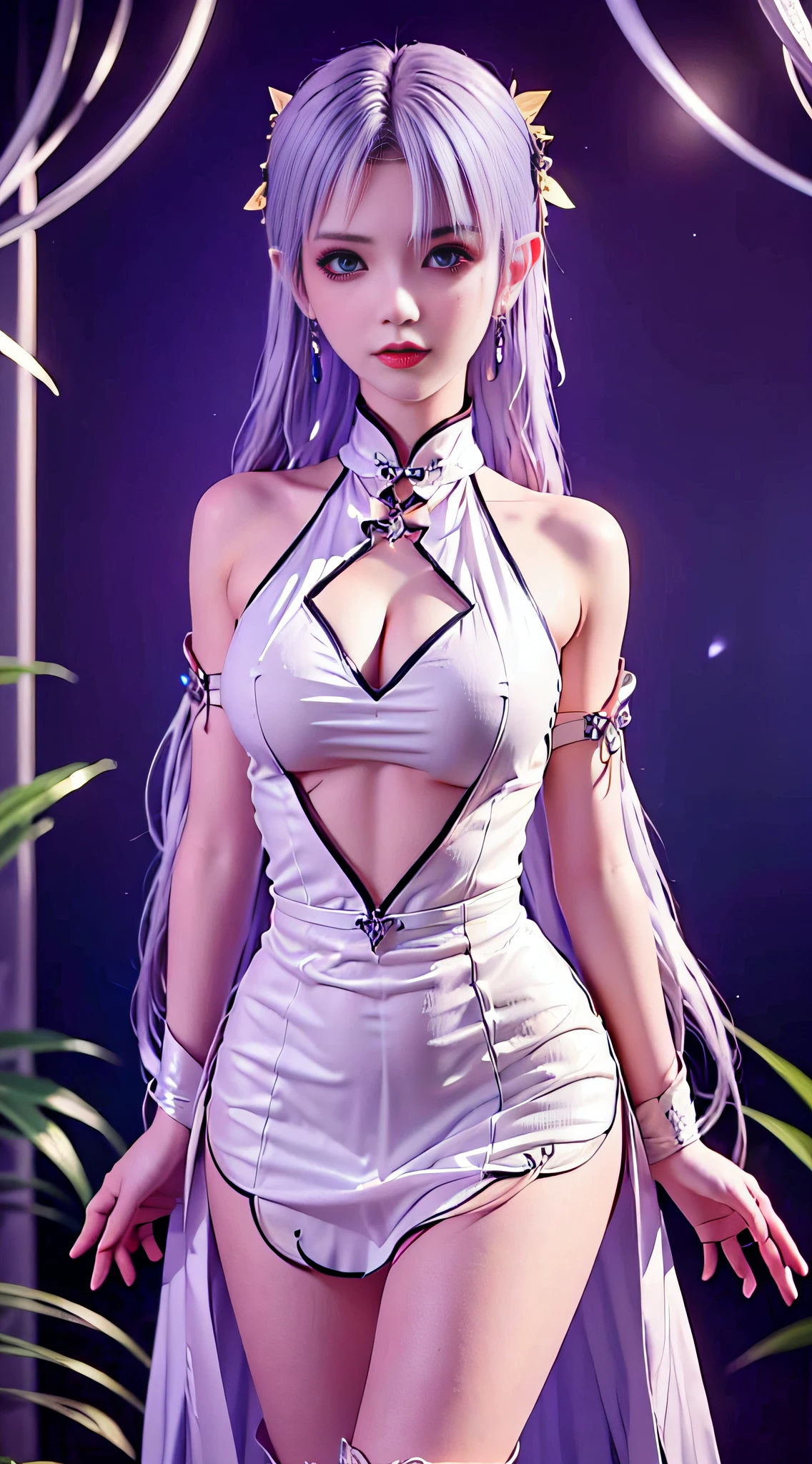 Photo of vampire elf in her castle and her pet wolf, Delicate and beautiful female elf vampire (Ultra detailed, Masterpiece, Best quality), full bodyesbian, hyperdetailed face (Ultra detailed, Masterpiece, Best quality), gray colored skin, blond hairbl, hair in a ponytail, Long hair, Blue eyes, Cold eyes, Glowing eyes, Intense, Small pointed ears with eyes, Smirking, A smile dripping with blood on his face (Ultra detailed, Masterpiece, Best quality), dark red lips, [Vampire fangs], wears a white dress (Ultra detailed, Masterpiece, Best quality), dark  blue cloak, High heeled boots in the dark fantasy library, With a big bad wolf (Masterpiece, Best quality) bookshelves, High details, Best quality, 8K, [Ultra detailed], Masterpiece, Best quality, (Ultra detailed), full bodyesbian, super wide shot, Photorealism, primitive, dark fantasy art, Moonlight shone through the windows, rays of moonlight, Gothic art, Feelings of fear, Sense of seduction