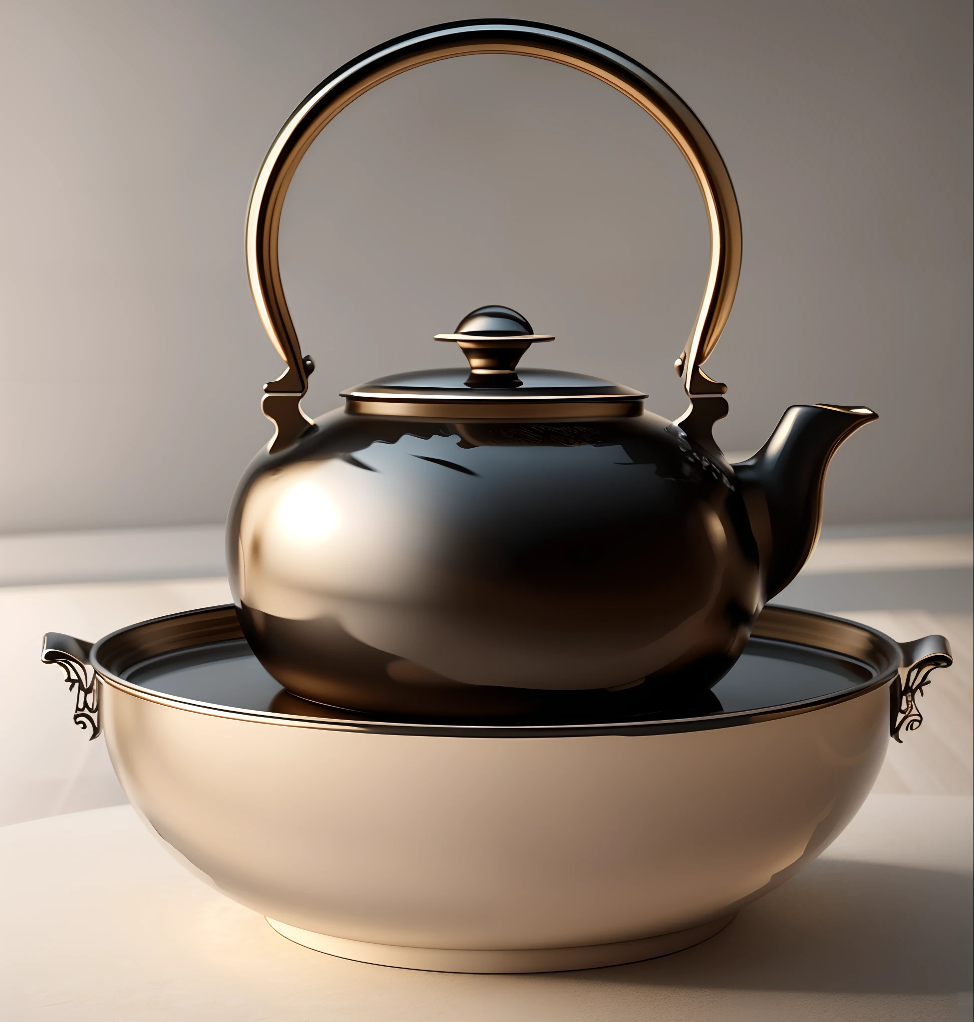 there is a tea pot sitting on a tray with a handle, large black kettle on hearth, kettle, inspired by Sesshū Tōyō, teapot, inspired by Shūbun Tenshō, high poly vray render, teapot : 1, japanese pottery, high poly vray, shading in vray
