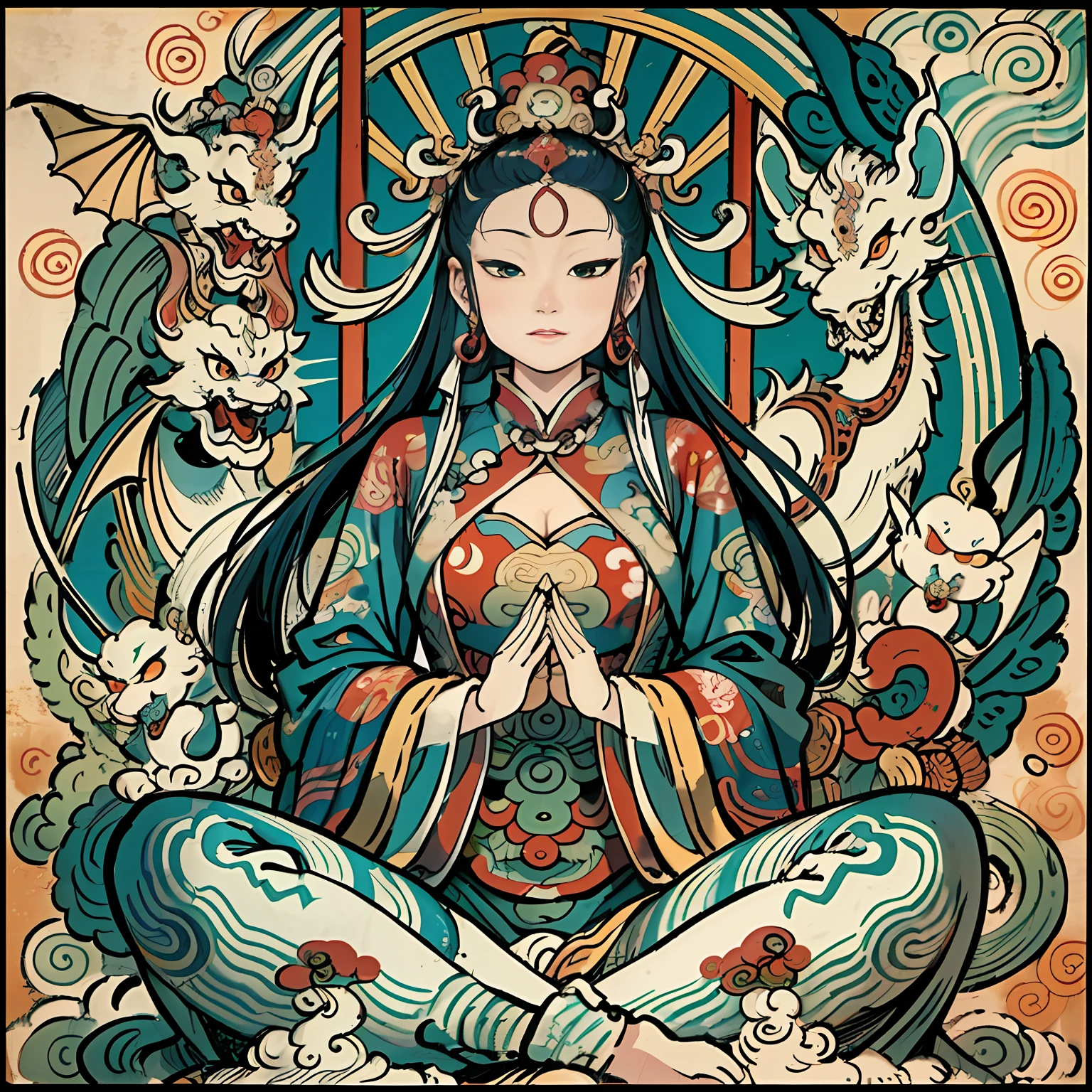 an ancient Chinese goddess, guanyin of the southern seas, Guanyin, Inspired by India, Avalokiteshvara rides a dragon,,Serene expression,shui mo hua,Buddha,Buddhist,Lotus,Chinese painting style,Thangka style