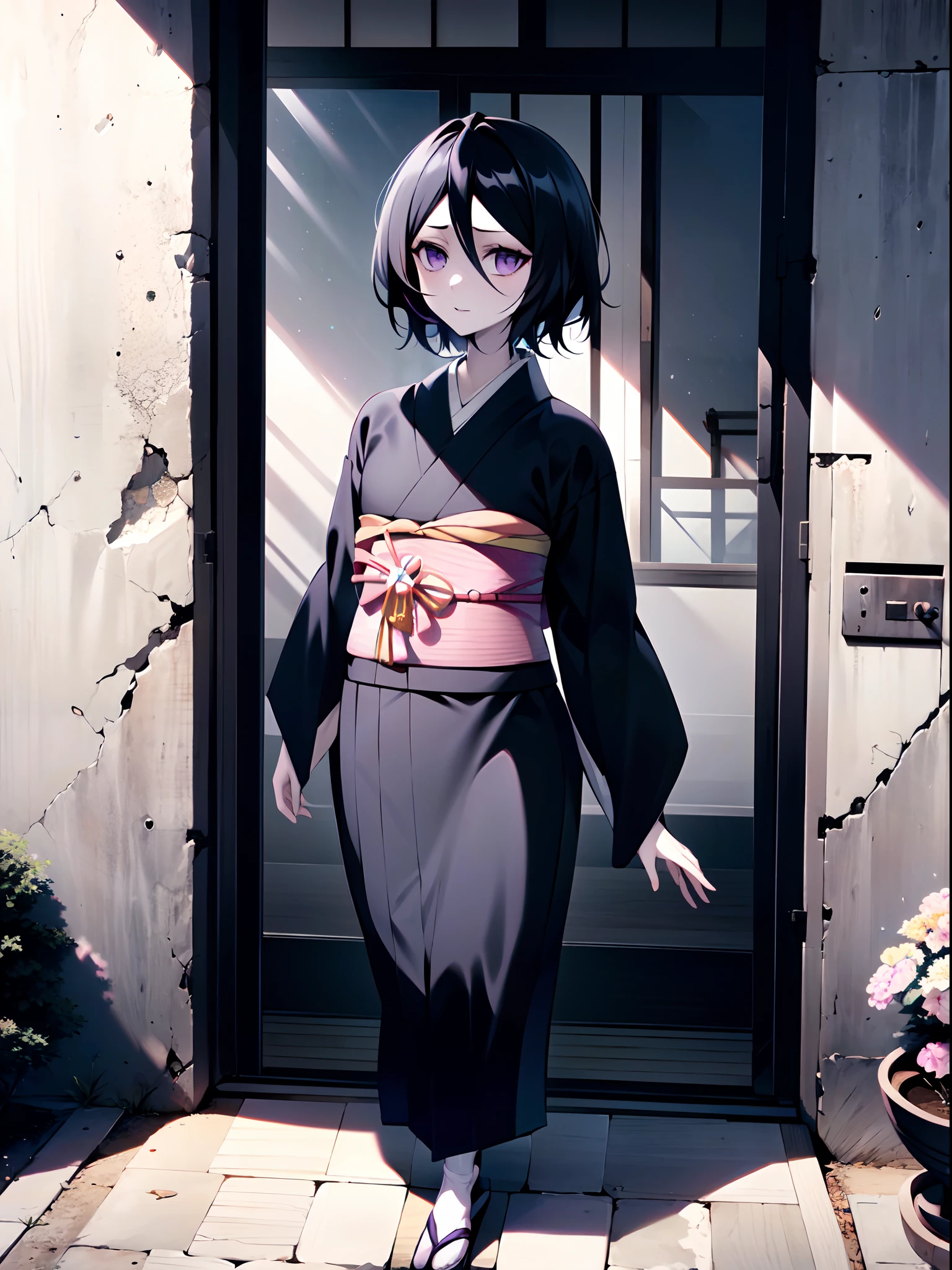 (masterpiece:1.2), (pale skin:1.2), (8k:1.2), (solo:1.2), (female:1.4), (black hair:1.3), (purple eyes:1.1), (black kimono:1.4), (exterior:1.4), closed mouth