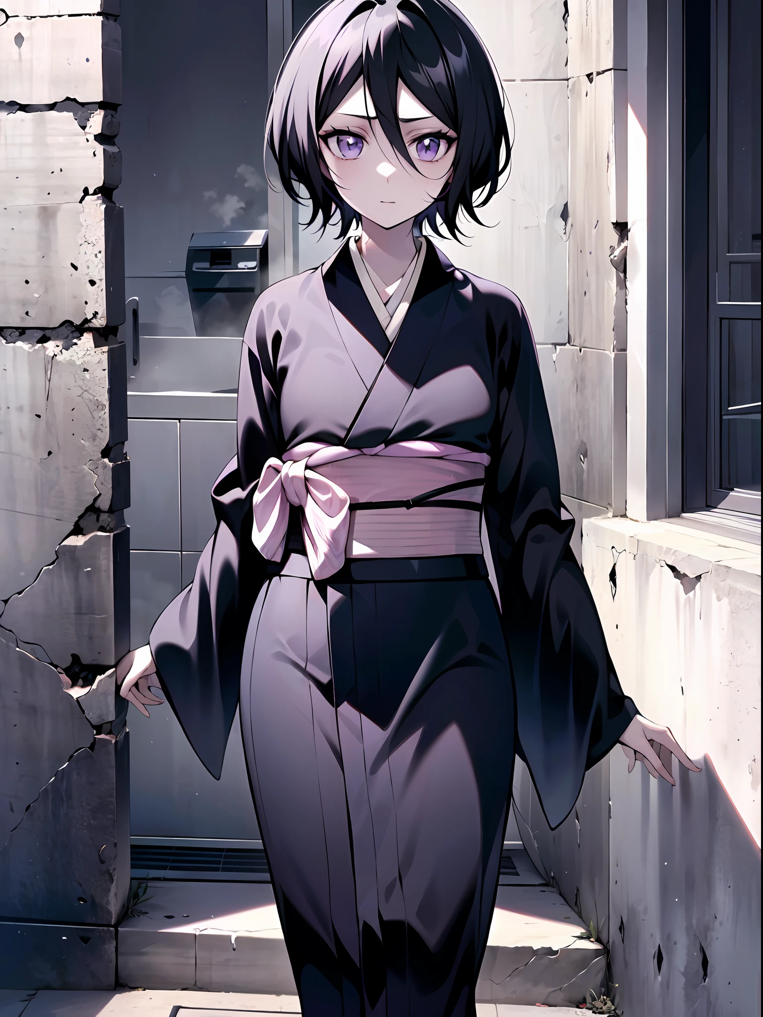 (masterpiece:1.2), (pale skin:1.2), (8k:1.2), (solo:1.2), (female:1.4), (black hair:1.3), (purple eyes:1.1), (black kimono:1.4), (exterior:1.4), closed mouth