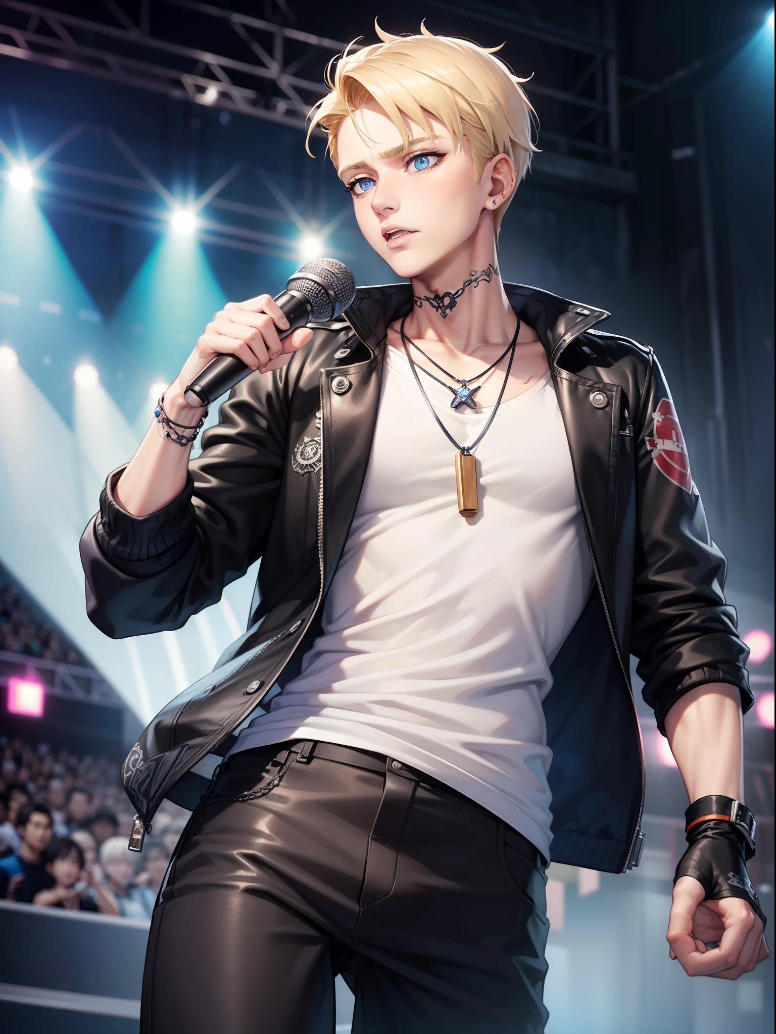 (Raw photography:1.2)、(Photorealsitic:1.4)、(masuter piece:1.3)、(top-quality:1.4)、超A high resolution、(Detailed Eye Features)、(detailed facial features)、(detailed clothes features)、nffsw、8K分辨率、solofocus、skintight、(Super detailed illustration)、1boy, (man), Manly body,(broad shoulders), (Perfect face),Idol singer,Tattoo on the arm,a blond,blue eyess,Shaved sides,Have a hand microphone,Silver necklace,(1 boy:1.3),20yr old,Live Arena,Black jacket、tshirts、black trousers