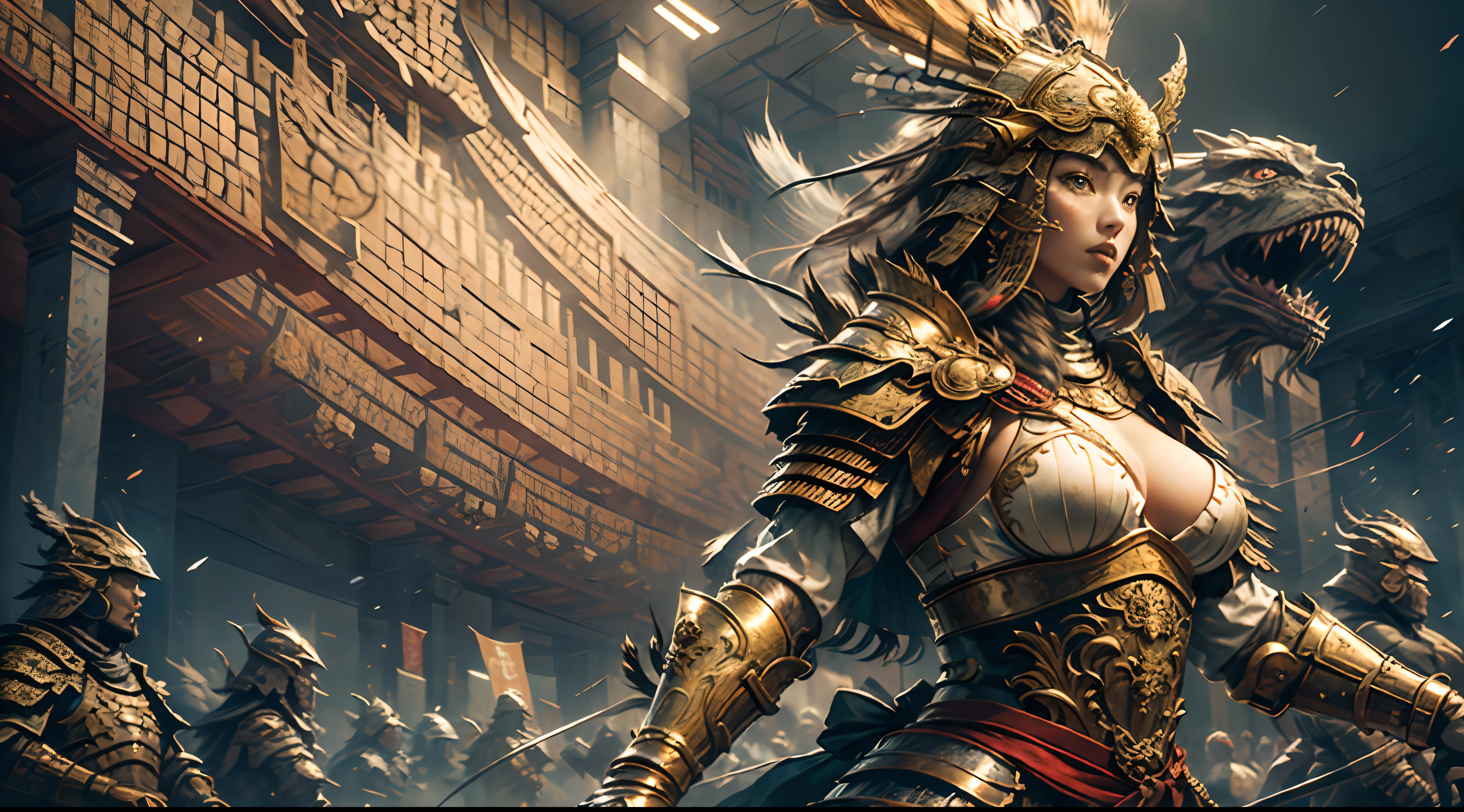 A young woman in armor and shooting a bow stands in front of the audience, large full breasts, (Perfect Body), (Masterpiece), In a very sexy pose, (The ultra-detailliert), (Hyper beautiful), (8K, Highly detailed CG illustrations),You can see monsters on the walls.