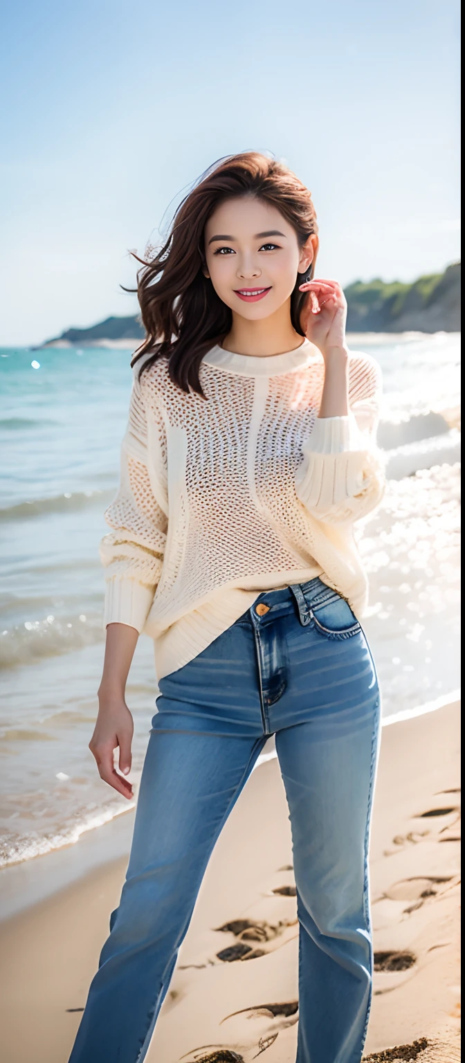 A woman in jeans on the beach,Dancing sexy,Full body shooting:1.8(RAW photogr,超高分辨率,tmasterpiece,best qualtiy:1.4),Complicated details, 20 years old Asian girl,Wear a skinny knit sweater and stylish jeans,detailed outfits,Detailed beach,A sweet smile appeared on the little face,The face is white and tender,skin lightening,Ultra-realistic facial details,Beautiful accessories,Playful and coquettish pose,The calves are straight and slender:1.5,Wear high-end branded travel shoes:1.5,eventide,warm color,Broad lighting,naturalshadow,taking a full body photo:1.8