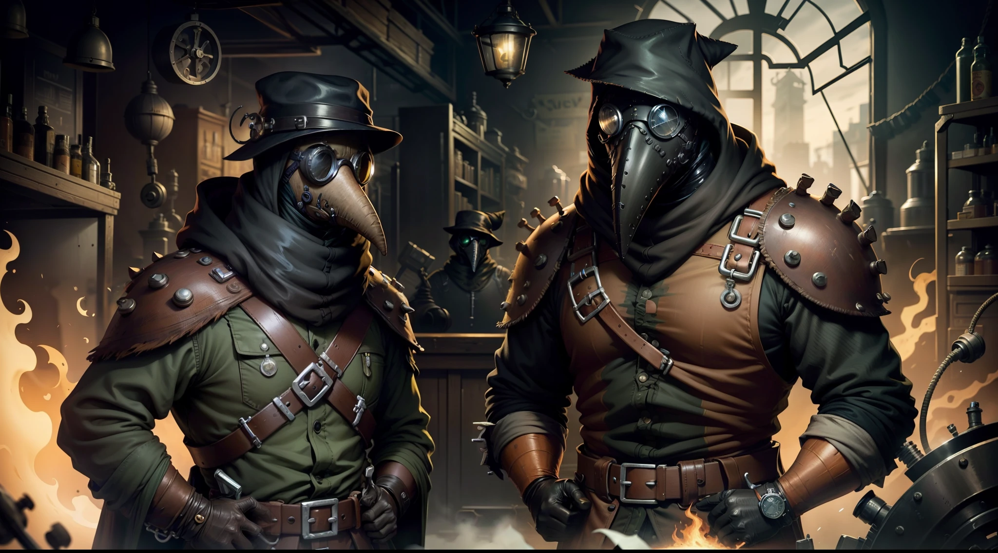 mechanic, plague doctor mask, fixing big steampunk machine, works helmet