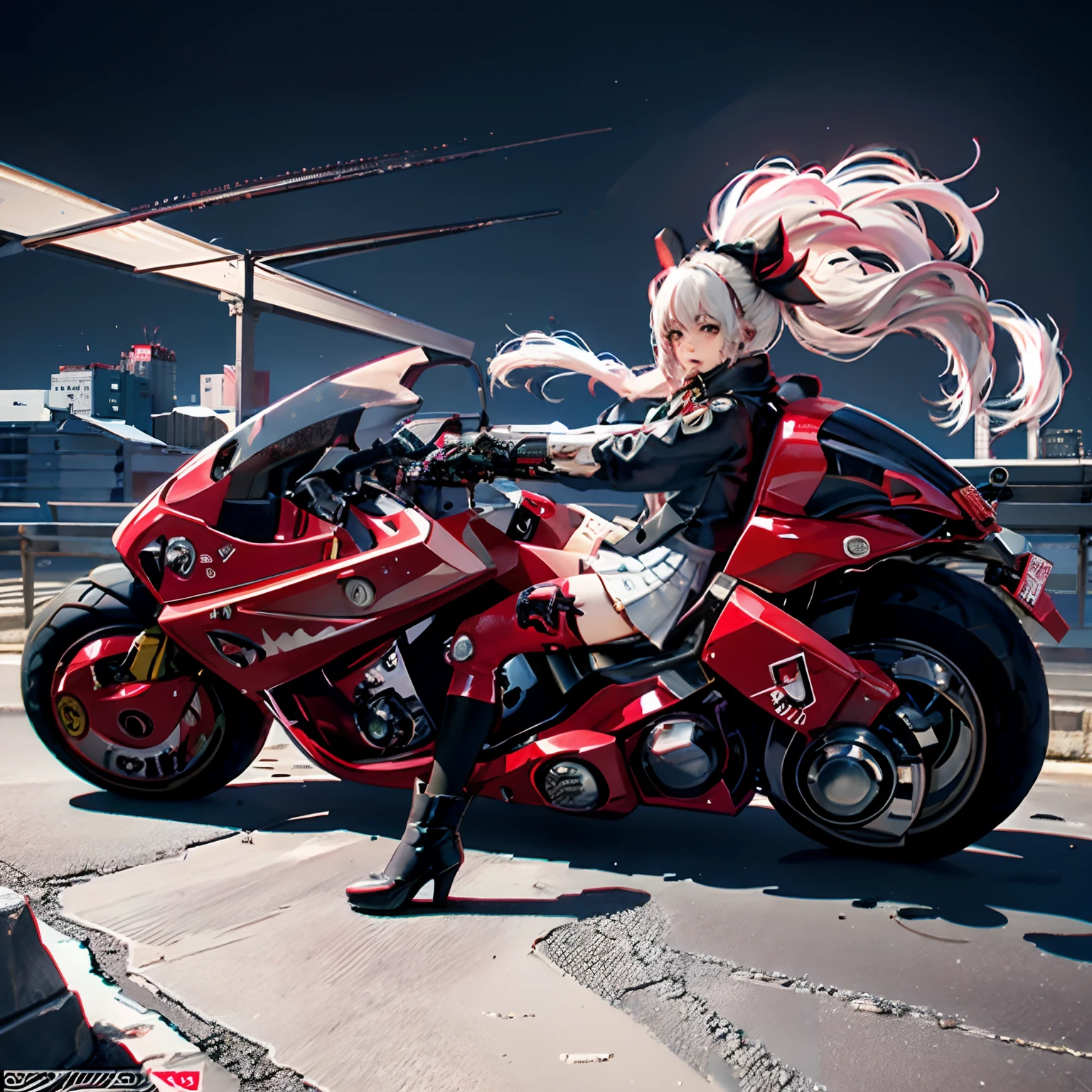 official art, unity 8k wallpaper, ultra detailed, beautiful and aesthetic, masterpiece, best quality, realistic, (succubus), blush, long hair, white hair, streaked hair, red eyes, hair bow, mole under eye,  (black akirabike), riding bike, night, cyberpunk city view, epic screen, school uniform,