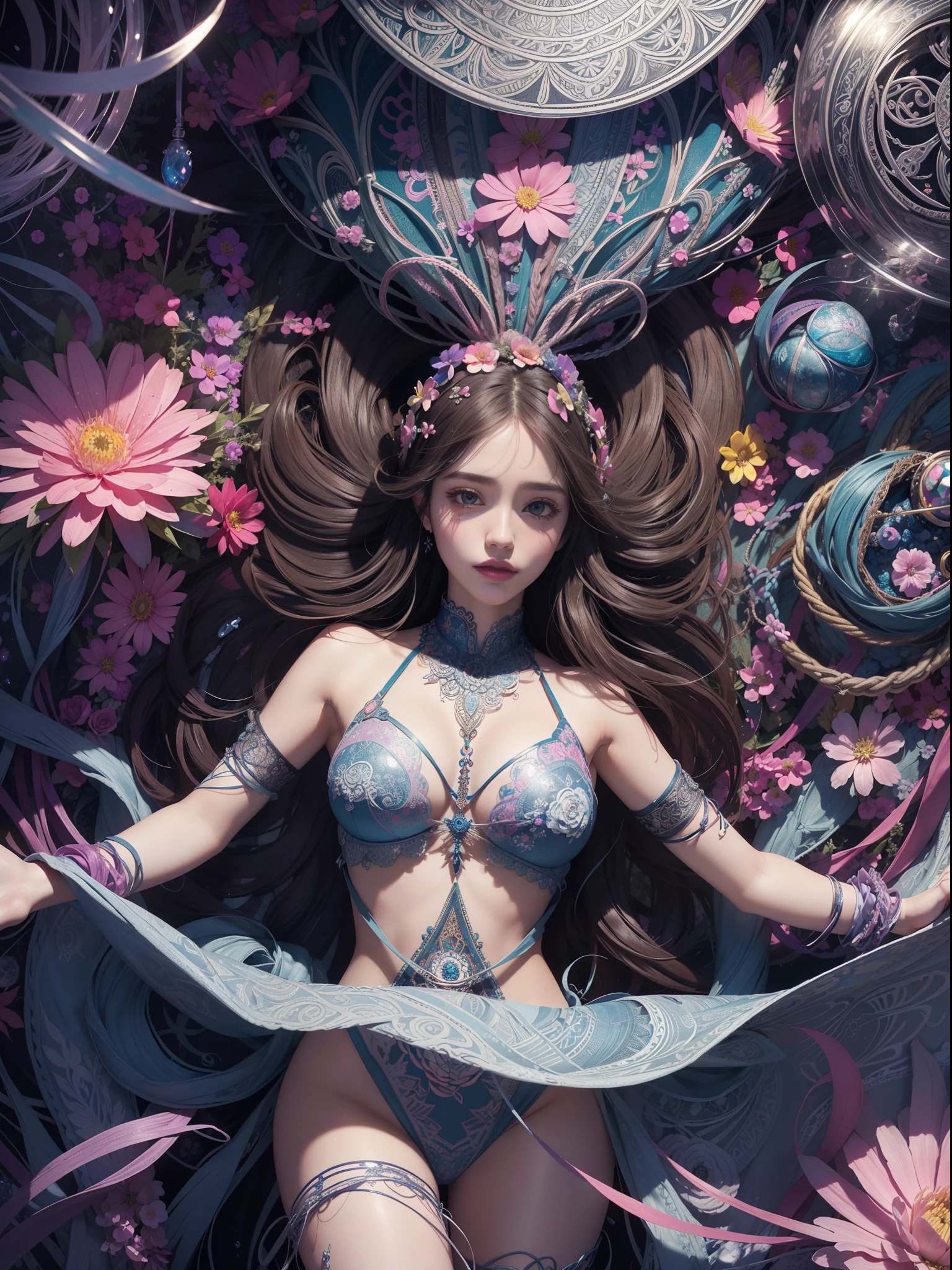 official art, unity 8k wallpaper, ultra detailed, beautiful and aesthetic, beautiful, masterpiece, best quality, (zentangle, mandala, tangle, entangle), (ecstasy of flower:1.2) dynamic angle, cowboyshot, the most beautiful form of chaos, elegant, a brutalist designed, vivid colours, romanticism, atmospheric