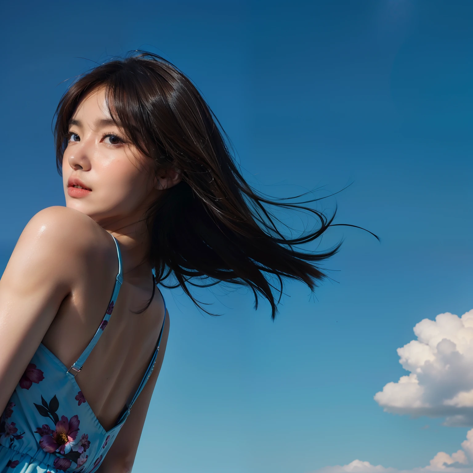 hightquality、masterpiece、ighly detailed、hight resolution、4K、超A high resolution、detailed shadow、A hyper-realistic、realisitic、dramatic lighting、1girl、独奏、A detailed face、realisticeyes、real looking skin、brown haired、dynamicposes、dynamic ungle、Floral Dresses、Long hair cut、Blue sky background
