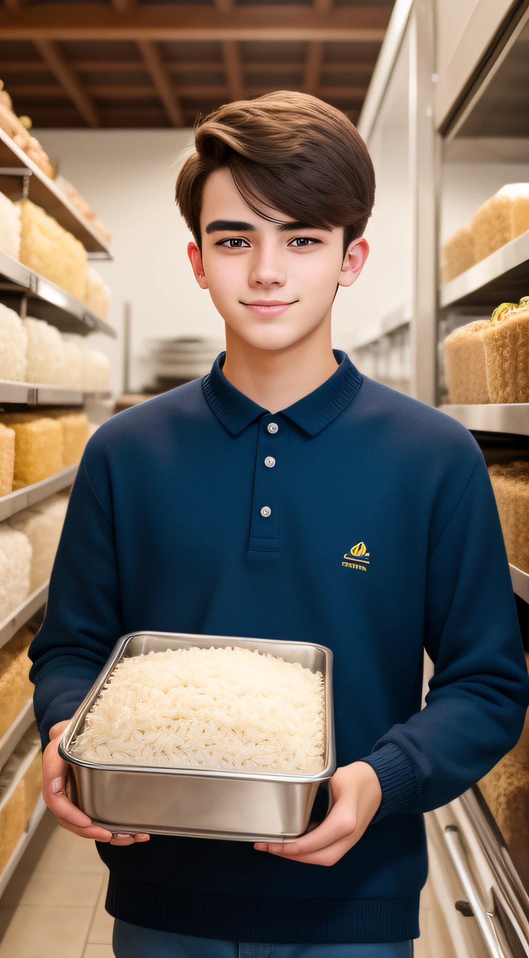 20-year-old man looking into the camera holding a tray of rice with raisins