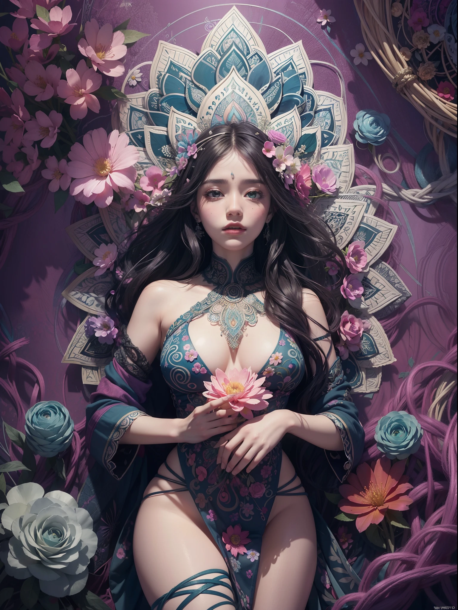 official art, unity 8k wallpaper, ultra detailed, beautiful and aesthetic, beautiful, masterpiece, best quality, (zentangle, mandala, tangle, entangle), (ecstasy of flower:1.2) dynamic angle, cowboyshot, the most beautiful form of chaos, elegant, a brutalist designed, vivid colours, romanticism, atmospheric