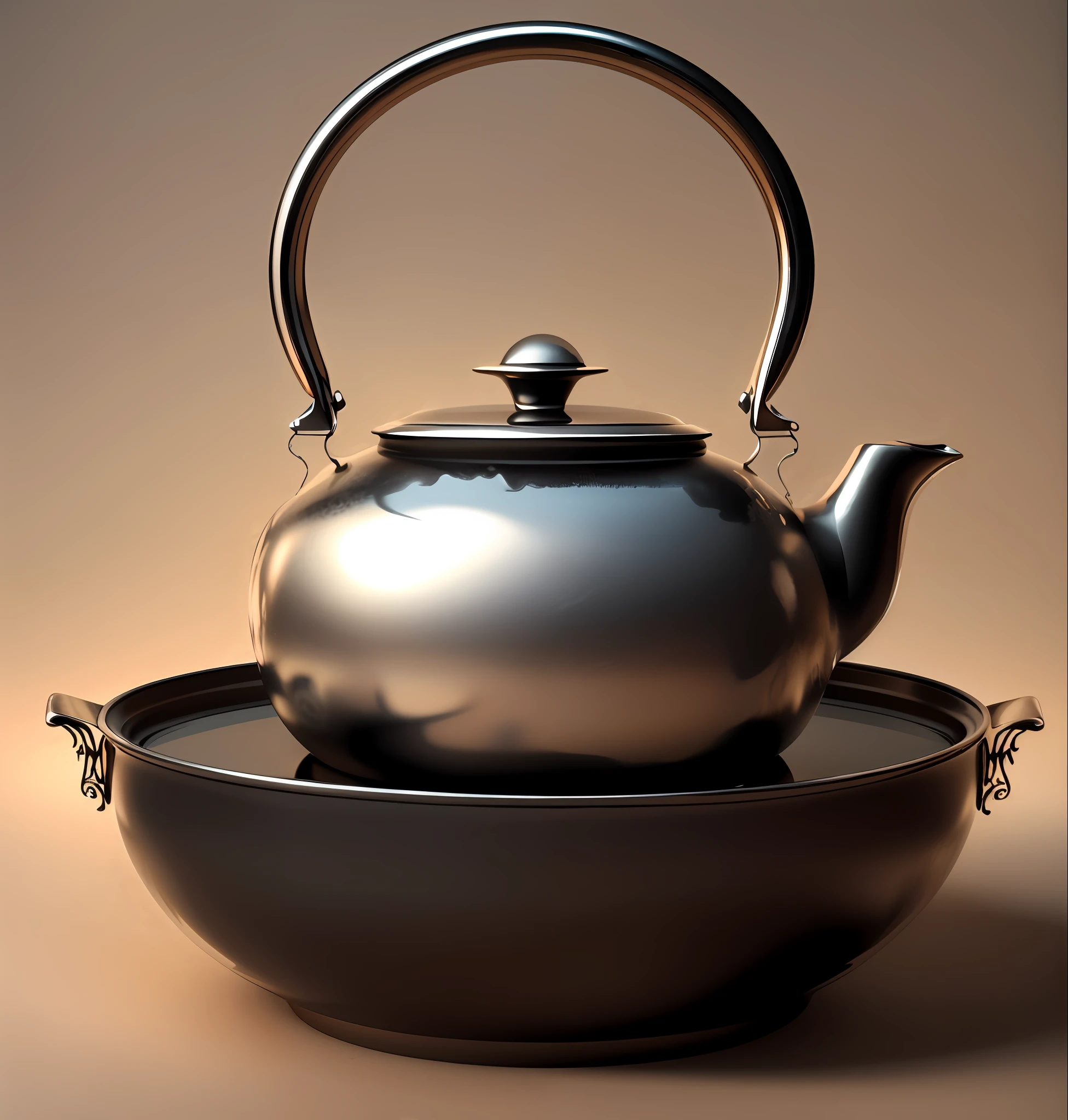 there is a tea pot sitting on a tray with a handle, large black kettle on hearth, kettle, inspired by Sesshū Tōyō, teapot, inspired by Shūbun Tenshō, high poly vray render, teapot : 1, japanese pottery, high poly vray, shading in vray