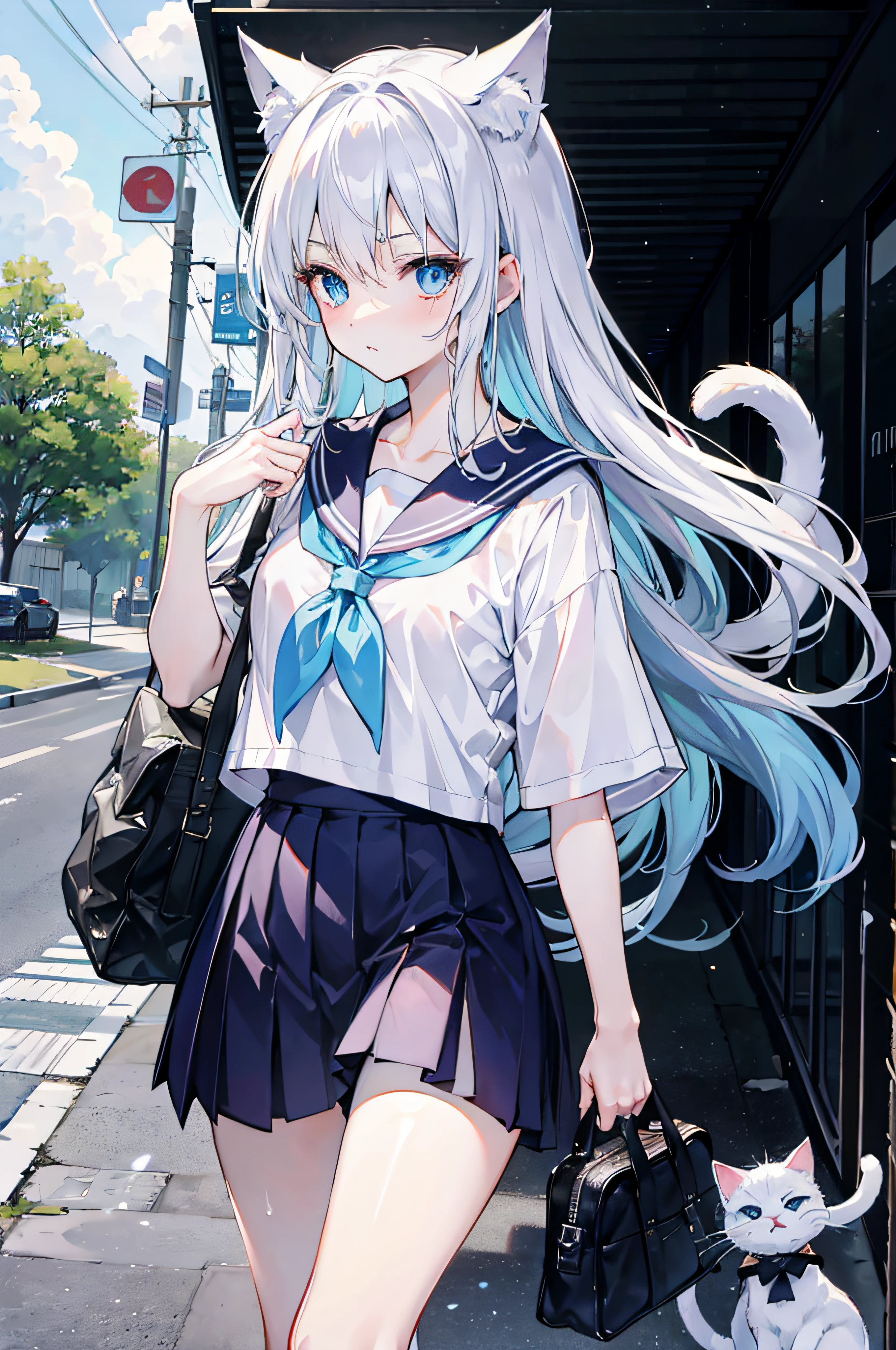 masutepiece,Best quality,ultra - detailed,Two hands,Two legs,Five fingers,best faces,1 girl,light blue long hair,timid,Cat ears,pale blue color eyes, Height 145 cm,small tits,Cat tail,,timid,a sailor suit,White T-Shirts,a black skirt,White socks,Holding a bag in his hand,Clothes wet with sweat,exhausted face,school,walking down a road,heat haze