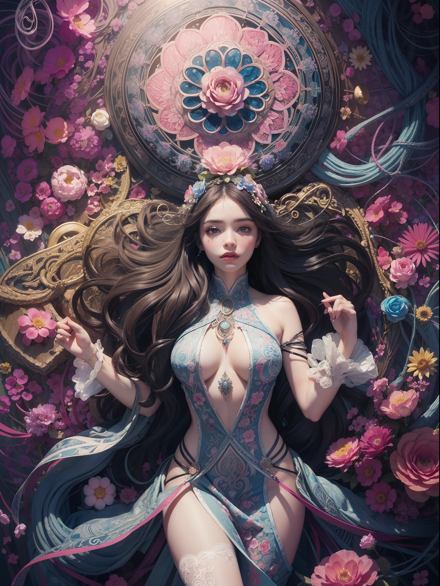 official art, unity 8k wallpaper, ultra detailed, beautiful and aesthetic, beautiful, masterpiece, best quality, (zentangle, mandala, tangle, entangle), (ecstasy of flower:1.2) dynamic angle, cowboyshot, the most beautiful form of chaos, elegant, a brutalist designed, vivid colours, romanticism, atmospheric