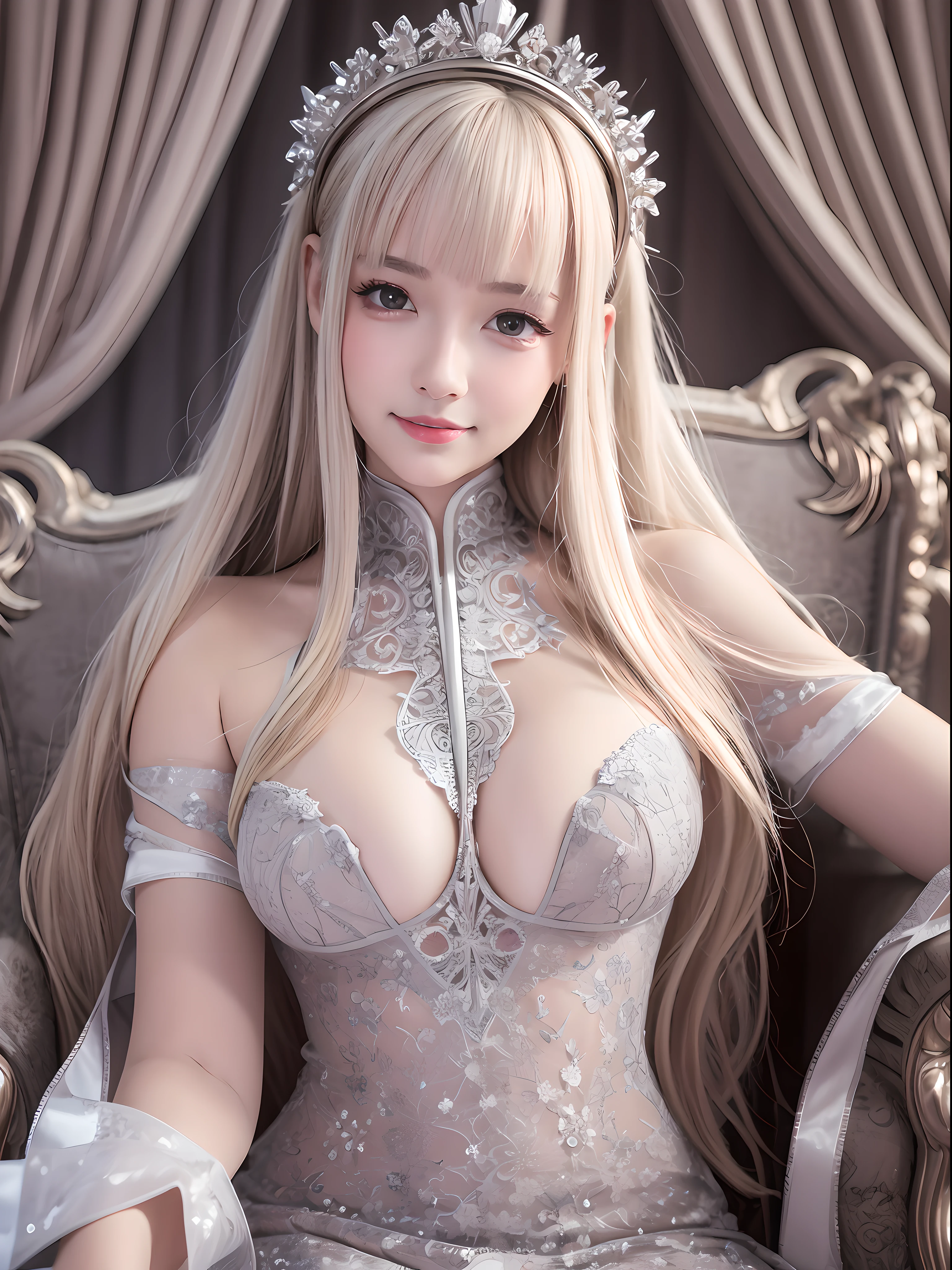 (best quality:1.0), (ultra highres:1.0), (detailed beautiful girl:1.4), beautiful royal princess, platinum blonde hair, finely detailed ryal dress, ribbon, (intricate scepter:1.2), (detailed mant), detailed beautiful white shiny skin, looking at viewer, front view, (ulzzang-6500-v1.1:0.2), detailed gems, (intricate throne:1.2) , (half body),large breast,spread legs,light_smile,tears,