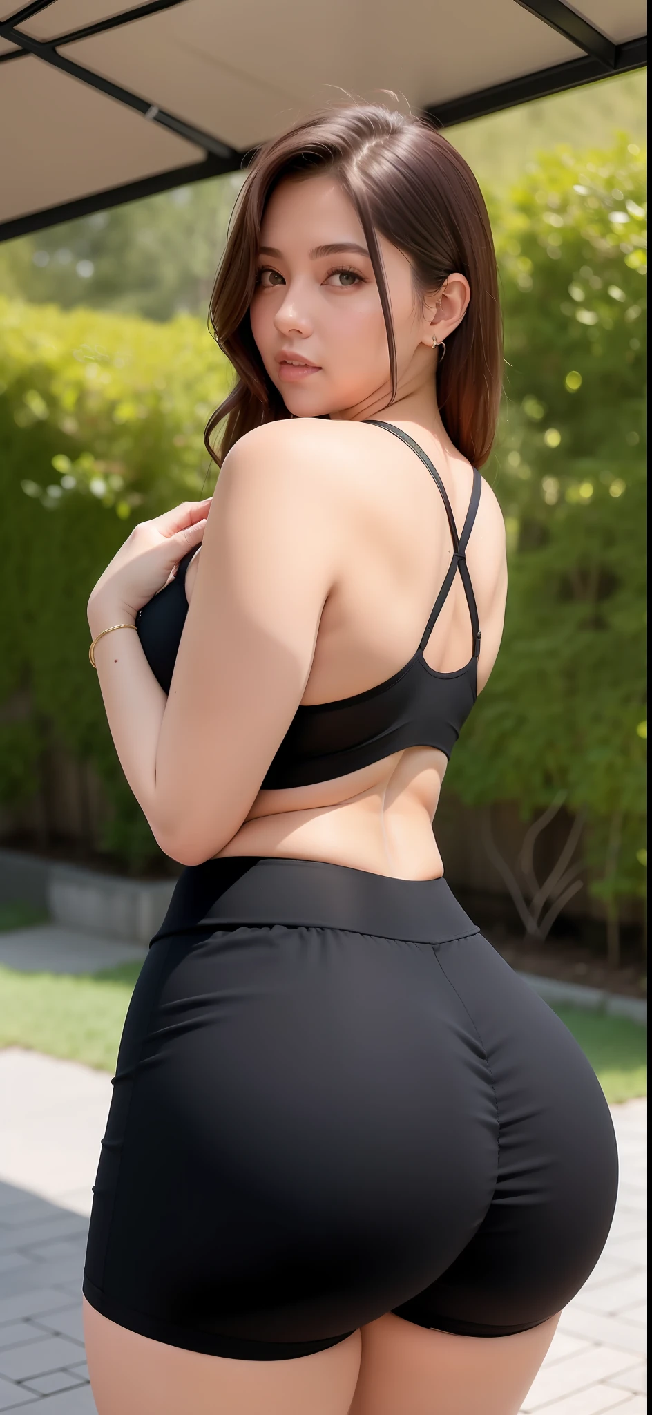A gorgeous woman in black shorts and a black bra top posing for a photo, roupa apertada, cintura magra e quadris grossos, thicc, back pose, Photo adjustment, curvy accentuated booty, Back from Toned, pose lateral, traje apertado, Derriere em forma, beleza de cair o queixo, mostrando o ombro de costas, looking from behind
