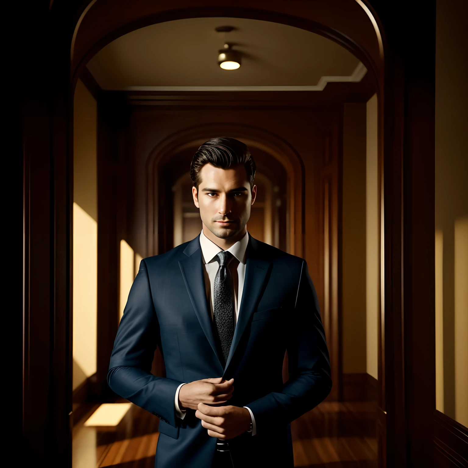 a Man standing with 30 years in suit and tie, body and head straight in the photo, DSRL, facing the viewer of the photo, eyes fixed to the lens, appears shoulders and head in the photo, man centered in the photo, 8k, best quality, masterpiece, realistic, realistic photo, movie photo, ultra realistic, 1 person, detailed, Perfect lighting, DSRL, professional photo, 4k