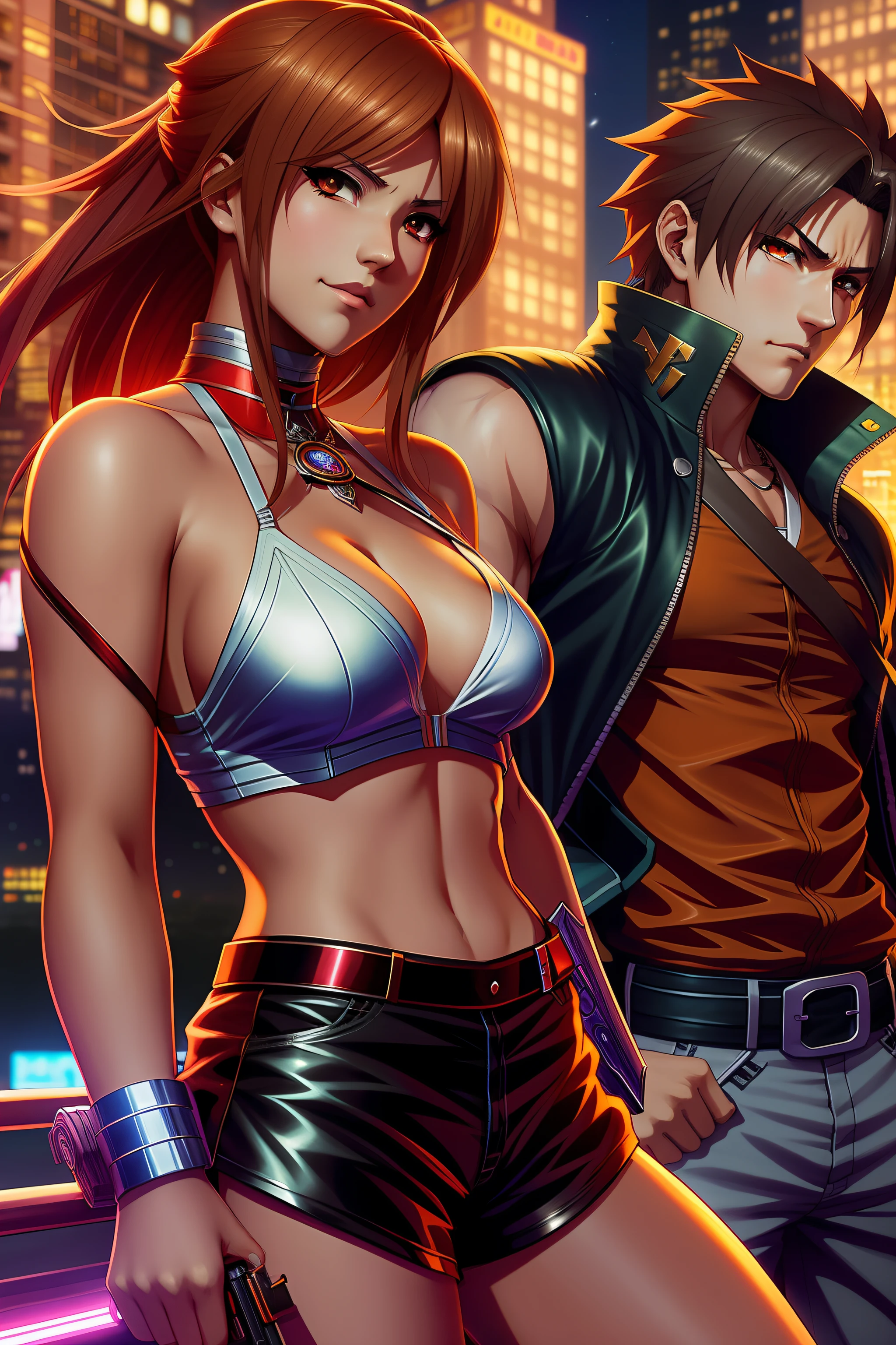 Anime characters in the night city with an urban background, ,Beautiful face shape,artgerm and genzoman, king of fighters style, SNK, 《king of fighter》role, author:Daliush Shokov, Extremely detailed Artgerm, trends in art station, sakimichan and frank franzzeta, Range Murata and Artgerm