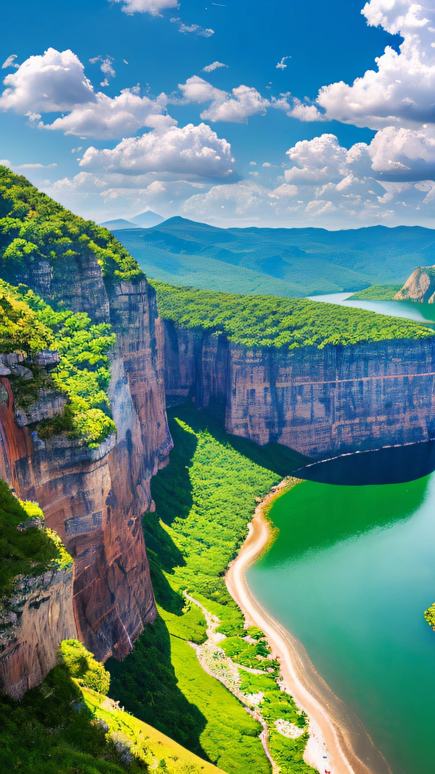 Masterpiece, ultimate quality, Cg unity 8k wallpaper, super delicate, beautiful sky and clouds, rich natural scenery, cliffs, lakes and rivers, waterfalls and flying water, beautiful green mountains, no trace of people, excellent scenery, has already won a photo contest, background Blurring, full depth of field, HDR high dynamics, true restoration, intricate, extreme details, dramatic presentation, perfectly presenting the style of midjourney art.