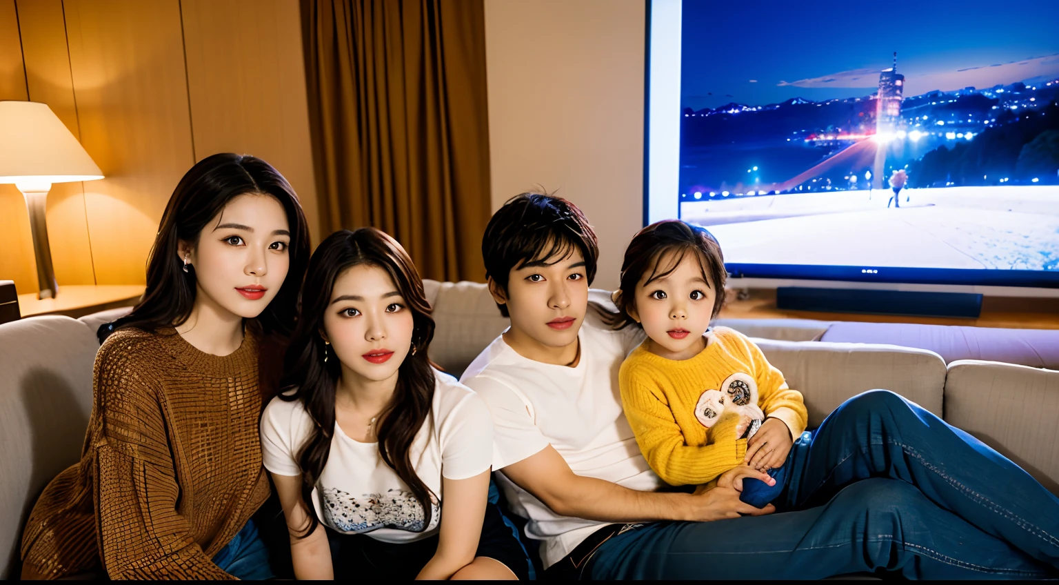 fotografia, A family in front of a state-of-the-art television sitting on the cozy couch. Assistindo a tv.