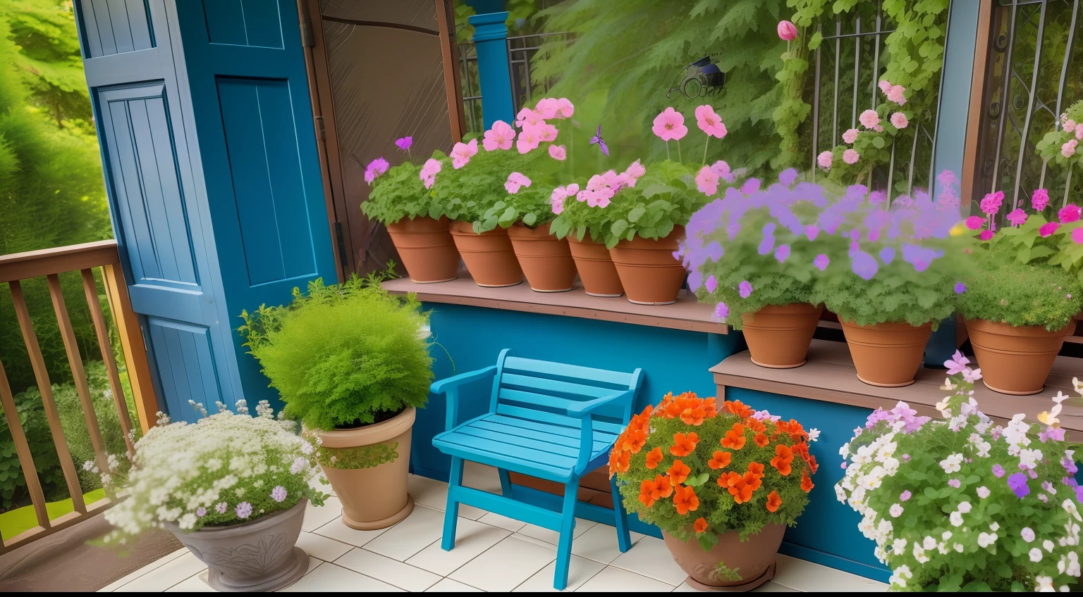 garden, flower pots, pots, planter boxes, entryway, foyer, low stool, stool, garden bench, chair, butterflies, bees, blue butterflies, yellow butterflies, blue flowers, flowers, intricate background, stunning background, beautiful background, amazing background, no human, dark theme,