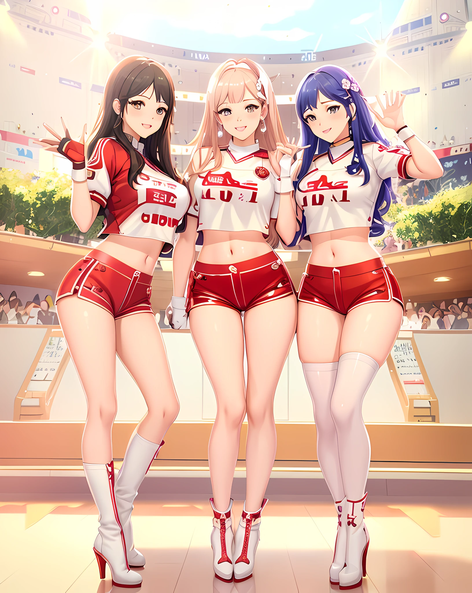 three women in red and white outfits posing for a picture, pixiv 3dcg, trending on cgstation, ecchi anime style, idolmaster, game cg, godesses, trending at cgstation, from ncsoft, rumble roses, realistic anime 3 d style, smooth anime cg art, e-sport style, ecchi, kda, red uniform