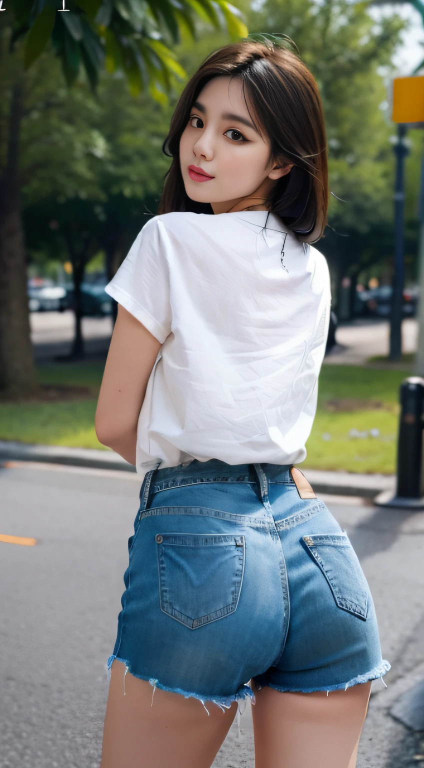 1girl, ass support, park,
denim shorts,, masterpiece, best quality, highly detailed