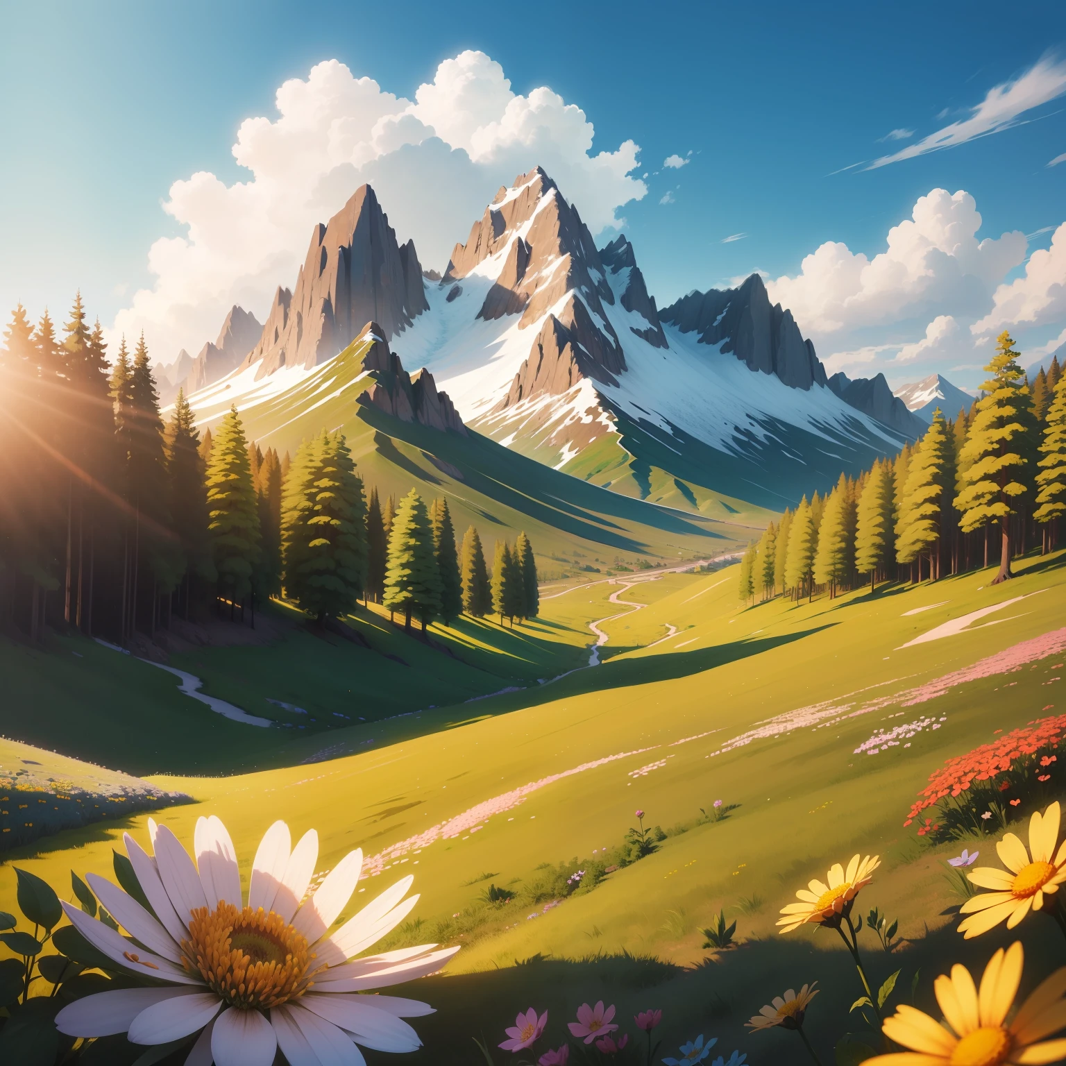 Beautiful sunny environment a mountain, small flowers of various colors, trees, small dewdrops
