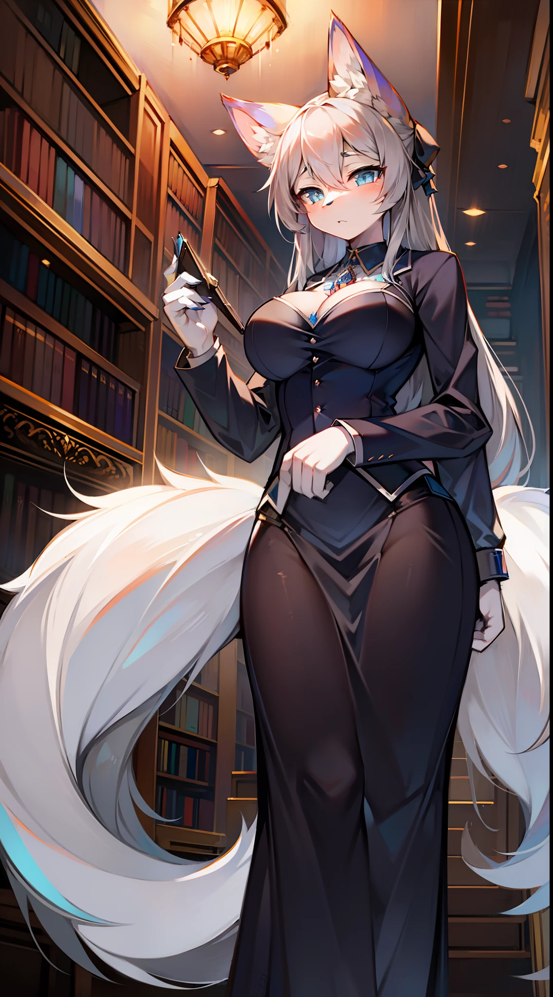 ((extremely detailed CG unity 8k wallpaper)), masterpiece, ultra-detailed, high resolution, (1girl, petite, arctic fox girl, kitsune, fluffy all-white fur, anthro, small breasts, slender, ("very long ornate white hair with bangs tied low with a ribbon"), pale blue eyes, small circular glasses, small fox ears, black nails, [[one extremely long fluffy fox tail]], [[("ornate blue gown with silver embroidery and long open sleeves")]], a dimly lit library, shy smile, beautiful, long black cloak covering the shoulders, silver chain pendant, bridal gauntlets, holding a tome in front of her chest, dynamic pose, exposed breasts, sexually suggestive, dress lift, no underwear, nsfw,