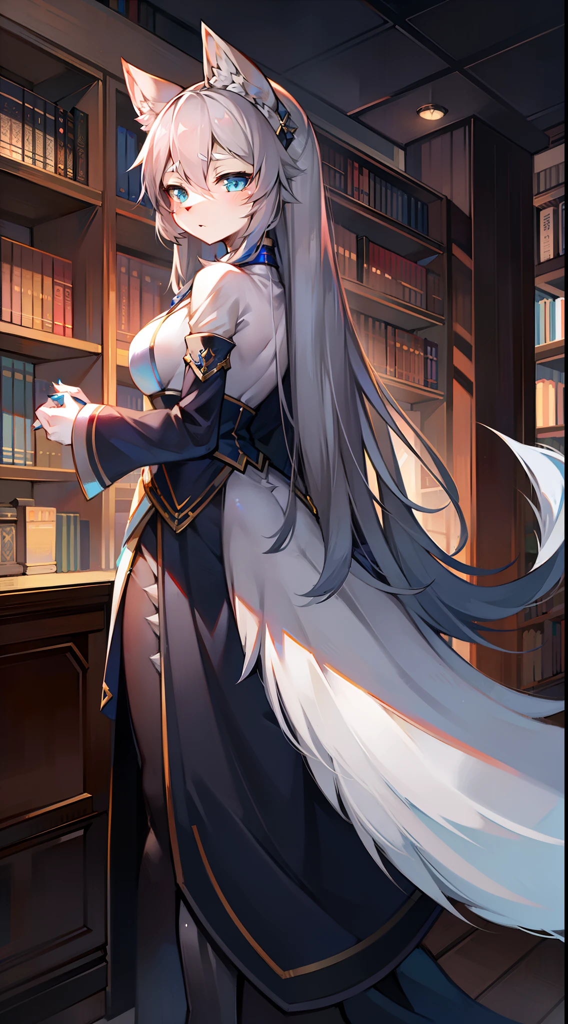 libraryai,Big-tailed wolf,Female,Blue eyes Long gray hair,Elegant scholarly attire
