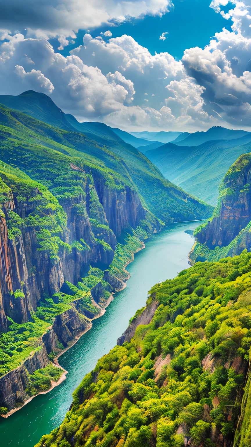 Masterpiece, ultimate quality, Cg unity 8k wallpaper, super delicate, beautiful sky and clouds, rich natural scenery, cliffs, lakes and rivers, waterfalls and flying water, beautiful green mountains, no trace of people, excellent scenery, has already won a photo contest, background Blurring, full depth of field, HDR high dynamics, true restoration, intricate, extreme details, dramatic presentation, perfectly presenting the style of midjourney art.