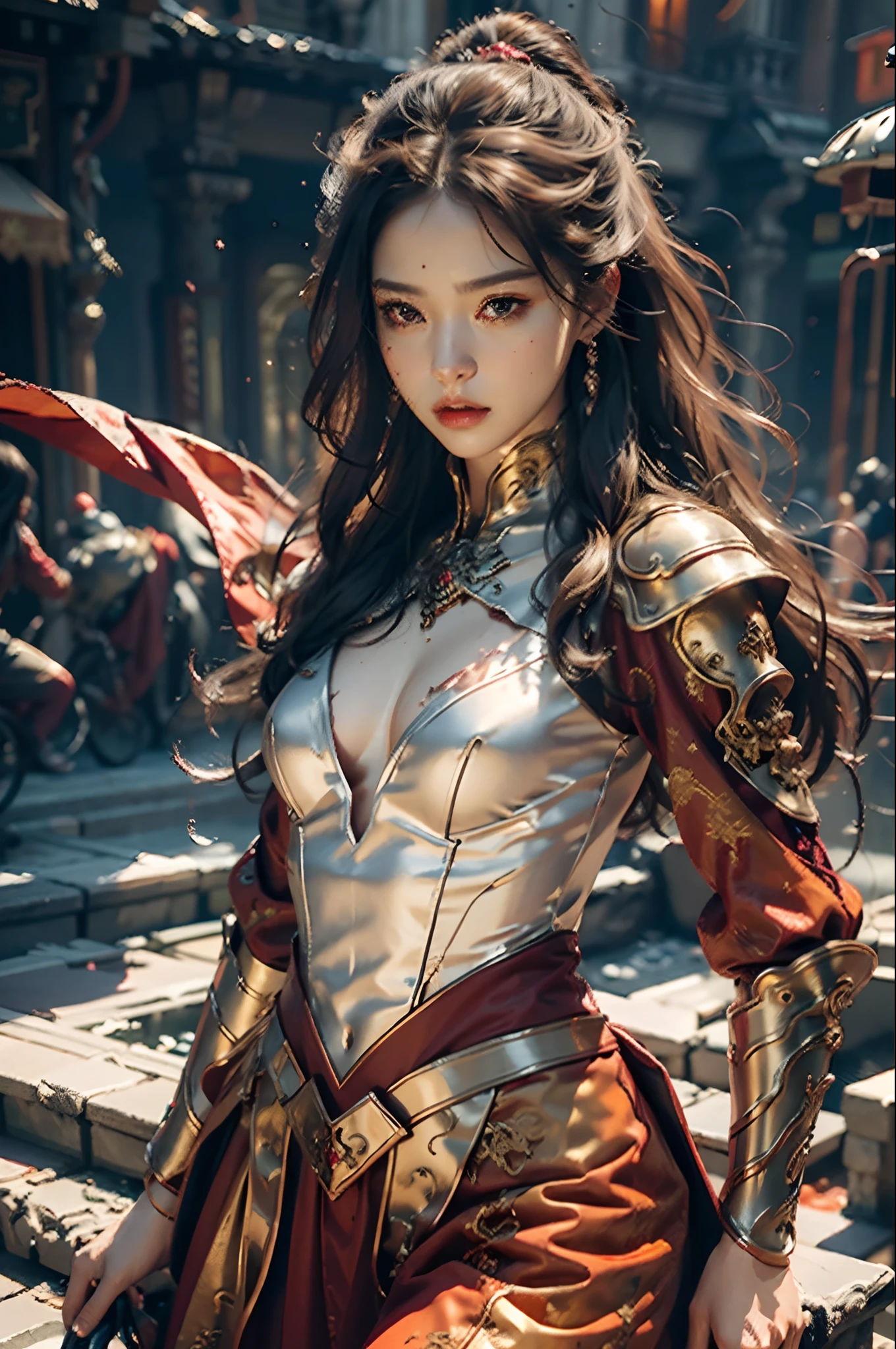 {{master piece}}, pinnacle rendering, realistic rendering, dark red rendering, metal rendering, {{color ink painting}}}, {{splash ink}}}, {{color}}, {{color}}, gorgeous rendering, best quality, illustration, flame, smoke, doomsday world, splash ink fire sea doomsday, full body, 1 girl, exquisite facial details, delicate facial features, real face, beautiful details eyes, deep pupils, broken city details, beautiful details long hair, Wave of hair, broken details of streets, transparent mechanical core, cyborg girl, details, cool, tight grooming, lace retouching, linear light costume retouching, light rendering, reflection, highlight, holy light, confidence, charm, battle stance detail close-up, fire day, {filigree}, colored background, a dragon stands behind the girl, sea of fire, {tornado special effects}, beautiful details purple dragon armor, (cold face, confident) great depth, depth of field, 360° panoramic picture, fierce and magnificent battle scenes, broken mirrors, fingers all hidden and not displayed, small mouth closed