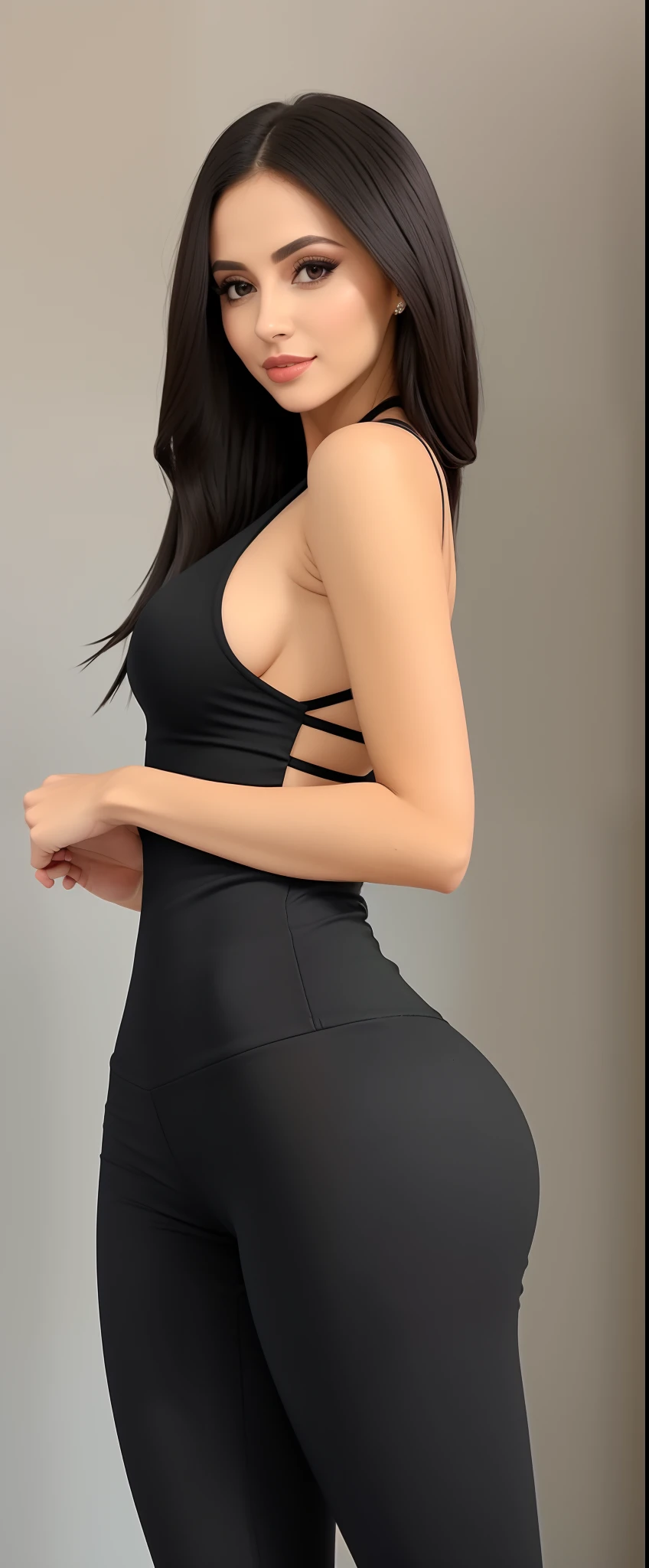 A beautiful woman in tight black pants and a black top, traje apertado, vestido justo, perto de um magro, roupa apertada, usando um vestido preto apertado, cintura magra e quadris grossos, cintura fina, cintura fina, cintura fina, Encaixe figura delicada, vestido sexy, vestindo malha, fenda traseira, com cintura fina, roupas pretas estanques