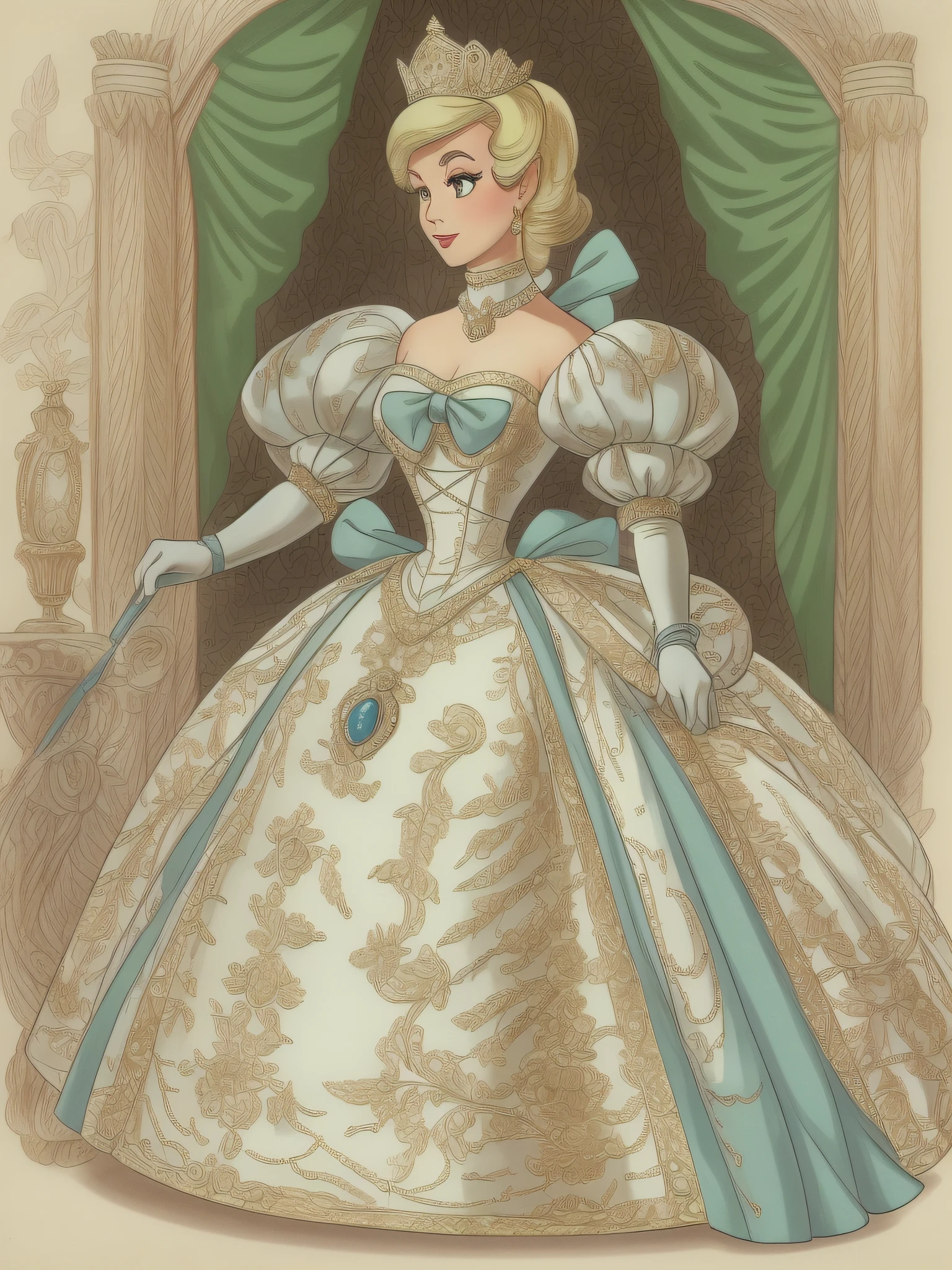 Disney Cinderella Style, Formal and Official Royal Portrait of a Stunningly beautiful young blonde Queen wearing a stately and elaborate Coronation Gown of Silver Damask and Gold Brocade adorned with huge ribbon bows, rosebuds, bejeweled satin sashes, diamond stars, diamond crosses, regalia, royal insignia, orders of chivalry, badges of rank, embroidery and jewels, with (((enormous puffed sleeves))), an hourglass waist, and a (((voluminous crinoline hoopskirt))) and (((bustle))), long white gloves