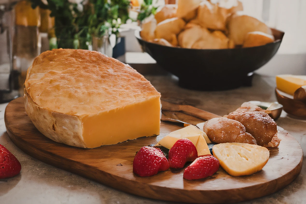 There is a board of gouda cheeses and fruits, queijo e salame na mesa, comer uma travessa de queijo, Queijos, Ingredientes na mesa, morning golden hour, Jovana Rikalo,  middle close up composition, gourmet e artesanato, sunny morning light, summer night, natural morning light, lindo dia ensolarado, iStock, slate board