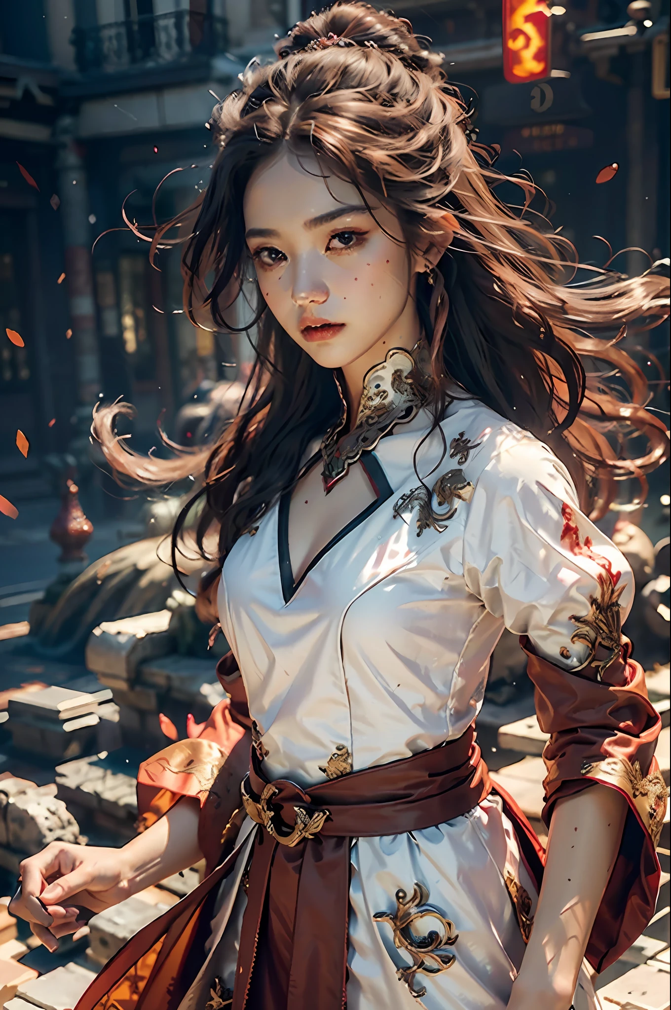 {{master piece}}, pinnacle rendering, realistic rendering, dark red rendering, metal rendering, {{color ink painting}}}, {{splash ink}}}, {{color}}, {{color}}, gorgeous rendering, best quality, illustration, flame, smoke, doomsday world, splash ink fire sea doomsday, full body, 1 girl, exquisite facial details, delicate facial features, real face, beautiful details eyes, deep pupils, broken city details, beautiful details long hair, Wave of hair, broken details of streets, transparent mechanical core, cyborg girl, details, cool, tight grooming, lace retouching, linear light costume retouching, light rendering, reflection, highlight, holy light, confidence, charm, battle stance detail close-up, fire day, {filigree}, colored background, a dragon stands behind the girl, sea of fire, {tornado special effects}, beautiful details purple dragon armor, (cold face, confident) great depth, depth of field, 360° panoramic picture, fierce and magnificent battle scenes, broken mirrors, fingers all hidden and not displayed, small mouth closed