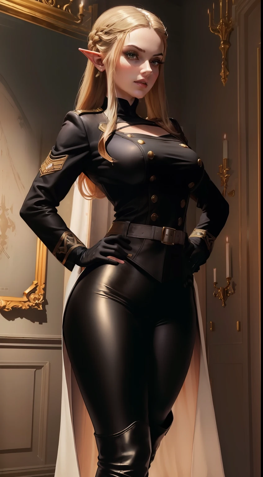 (Masterpiece:1.4), (best quality:1.2), 1girl, (from below:0.3), femdom, zelda, (dominatrix:0.6), (white yoga pants), belt,(black knee-high boots), (standing straight,:1.6( military uniform:1.3,(black coat)(seductive:0.7)(smirk:0.3)(evil:0.1), looking at viewer, double-breasted:1.1, (bodysuit:0.2),full body, character design,(medium breasts), black gloves,hands on hip, serious