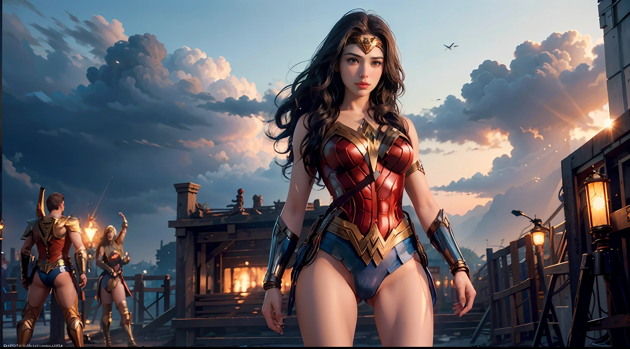 wearing wonder_woman_cosplay_outfit, in front of a sky, 
good hand, 4k, high-res, masterpiece, best quality, head: 1.3, ((Hasselblad photography)), finely detailed skin, sharp focus, (cinematic lighting), night, soft lighting, dynamic angle, [:(detailed face: 1.2): 0.2], medium breasts, out, (cameltoe:1.4)