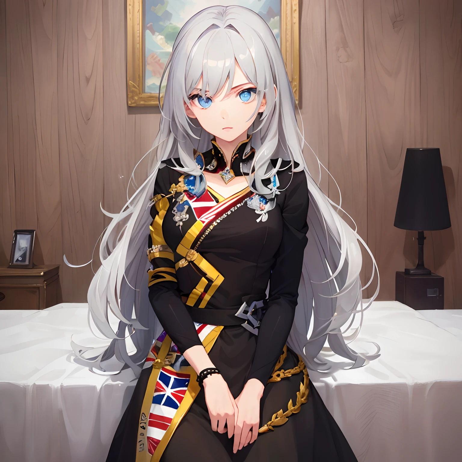 (Masterpiece,Best quality:1.2),1girll,governor,Gray hair,blue color eyes,medal