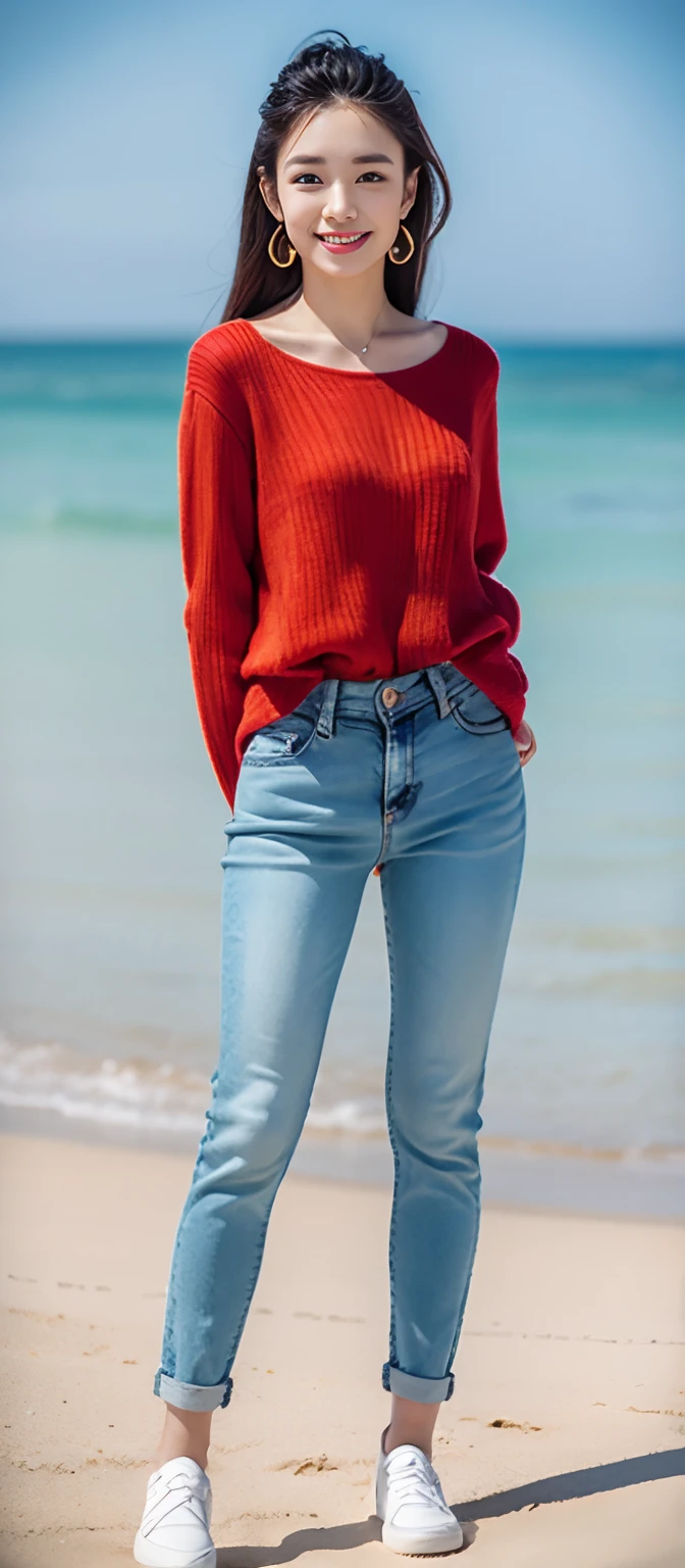 Red haired on the beach, white socks, in jeans, Sexy skinny woman. Man lying in front of woman. Woman puts her foot on the front of man's sweatpants.