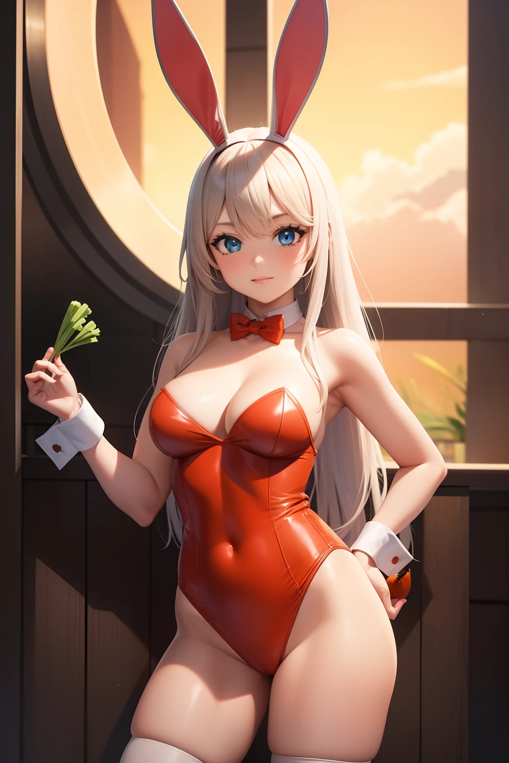 masterpiece, best quality, highres, nm1, futuristic playboy bunny, rabbit ears, cowboy shot, standing, carrot accessories